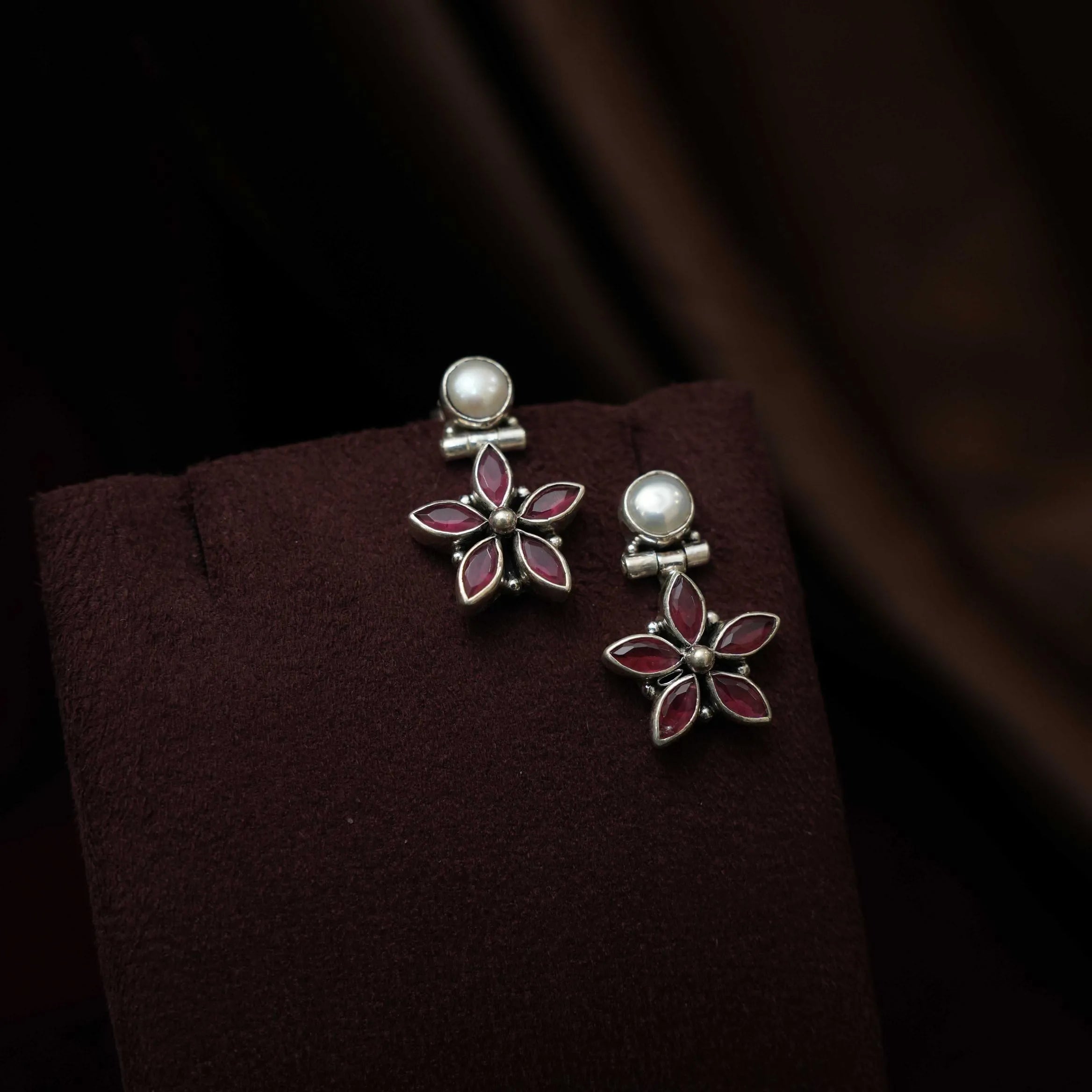 Rishona Silver Oxidised Earrings - Red