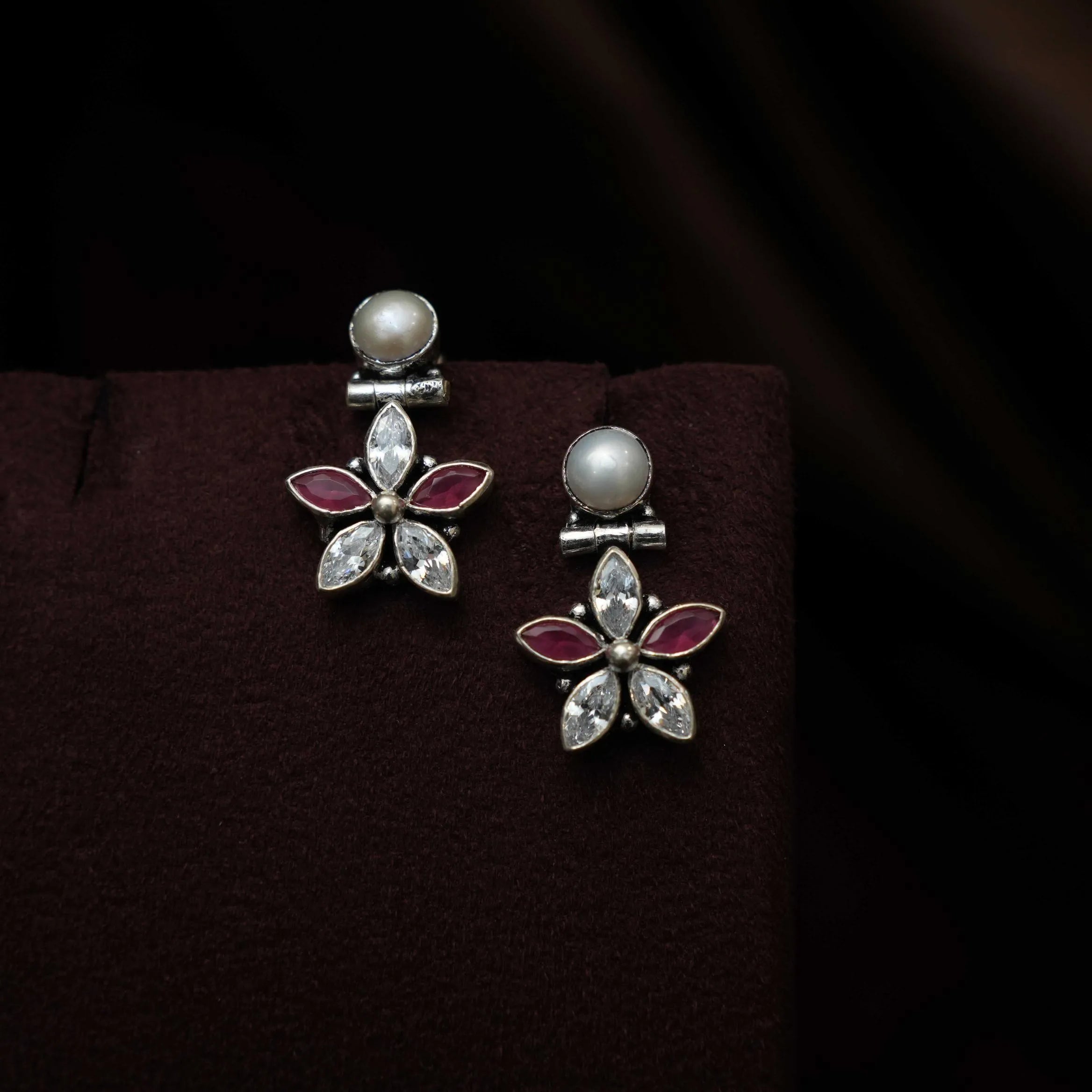 Rishona Silver Oxidised Earrings - White & Red