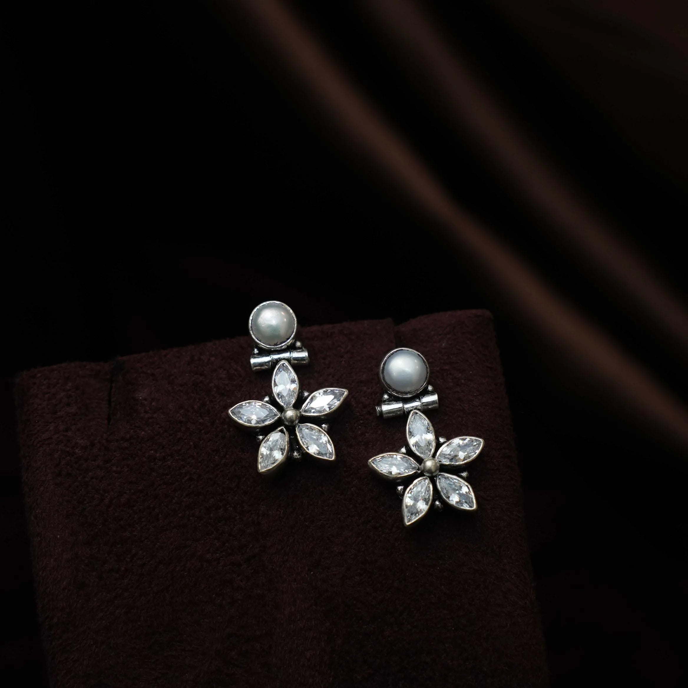 Rishona Silver Oxidised Earrings -  White