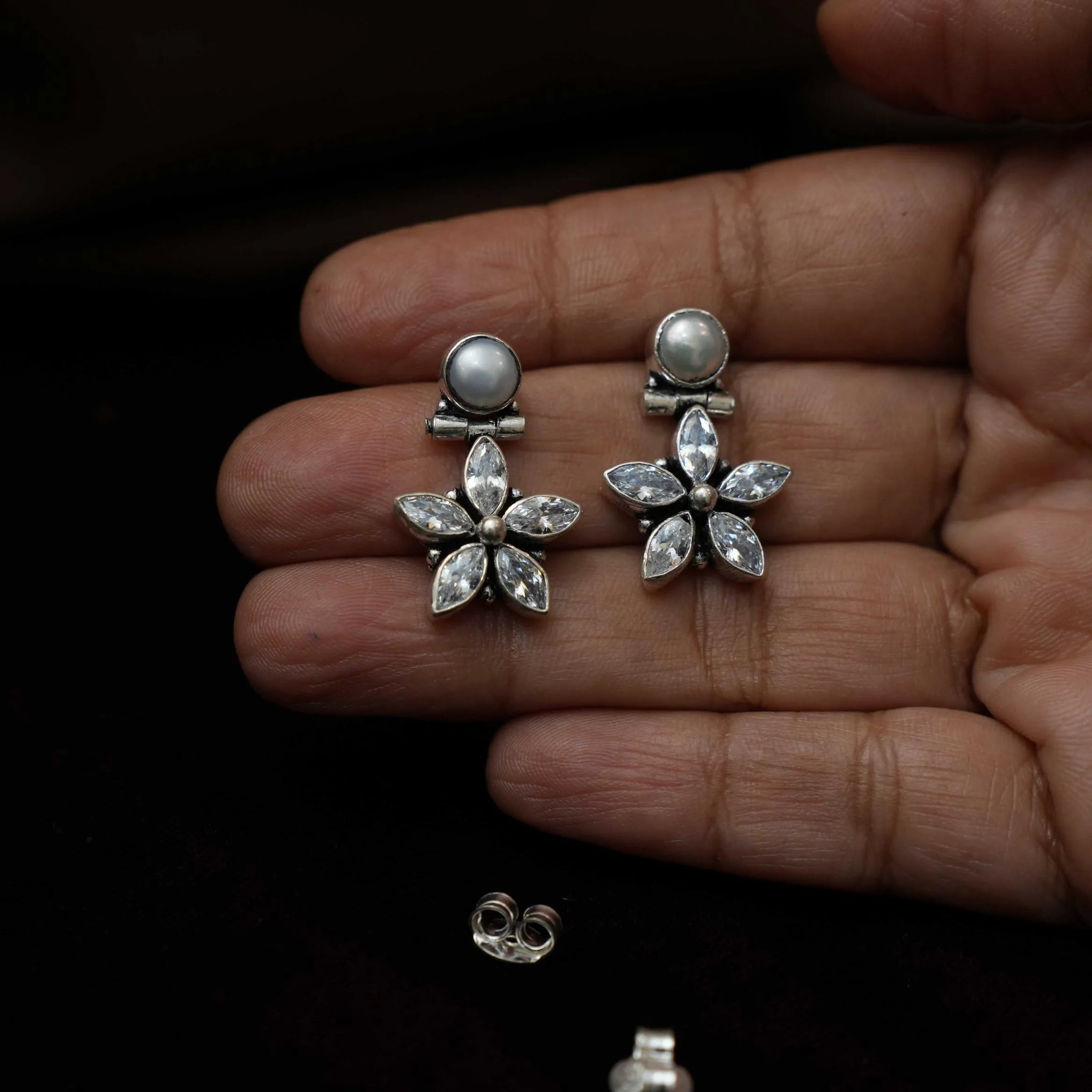 Rishona Silver Oxidised Earrings -  White