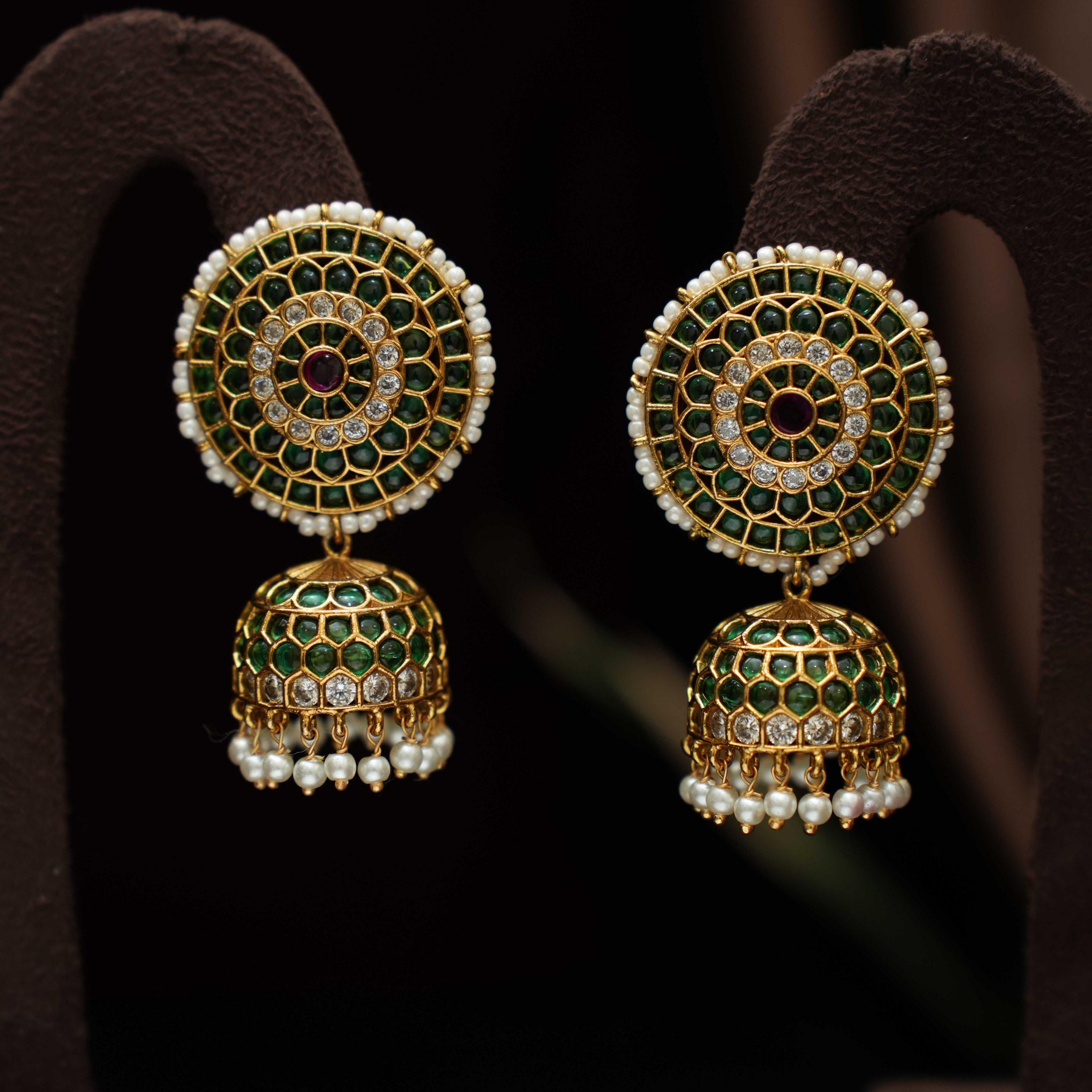 Selvi Antique Jhumka Earrings - Green