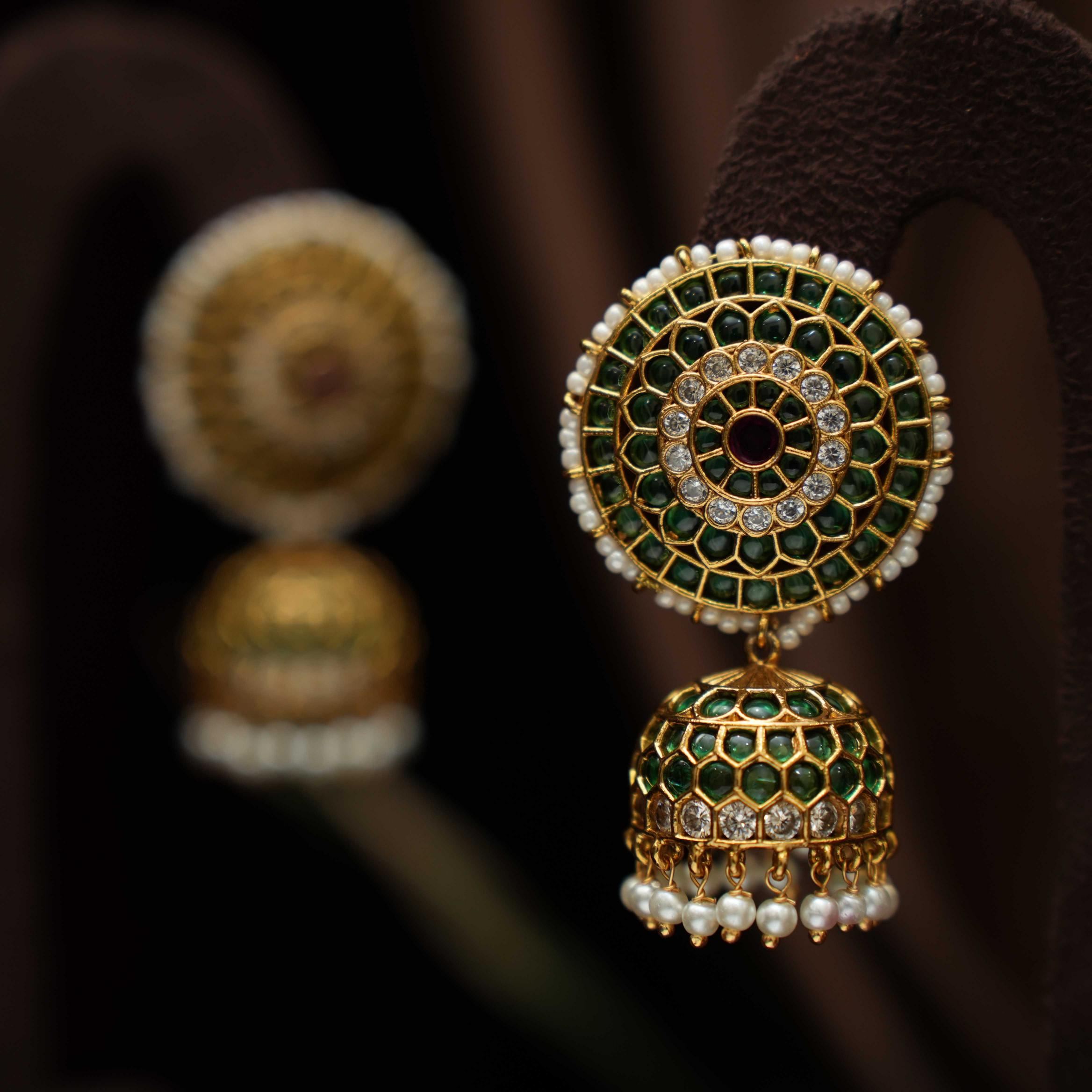 Selvi Antique Jhumka Earrings - Green