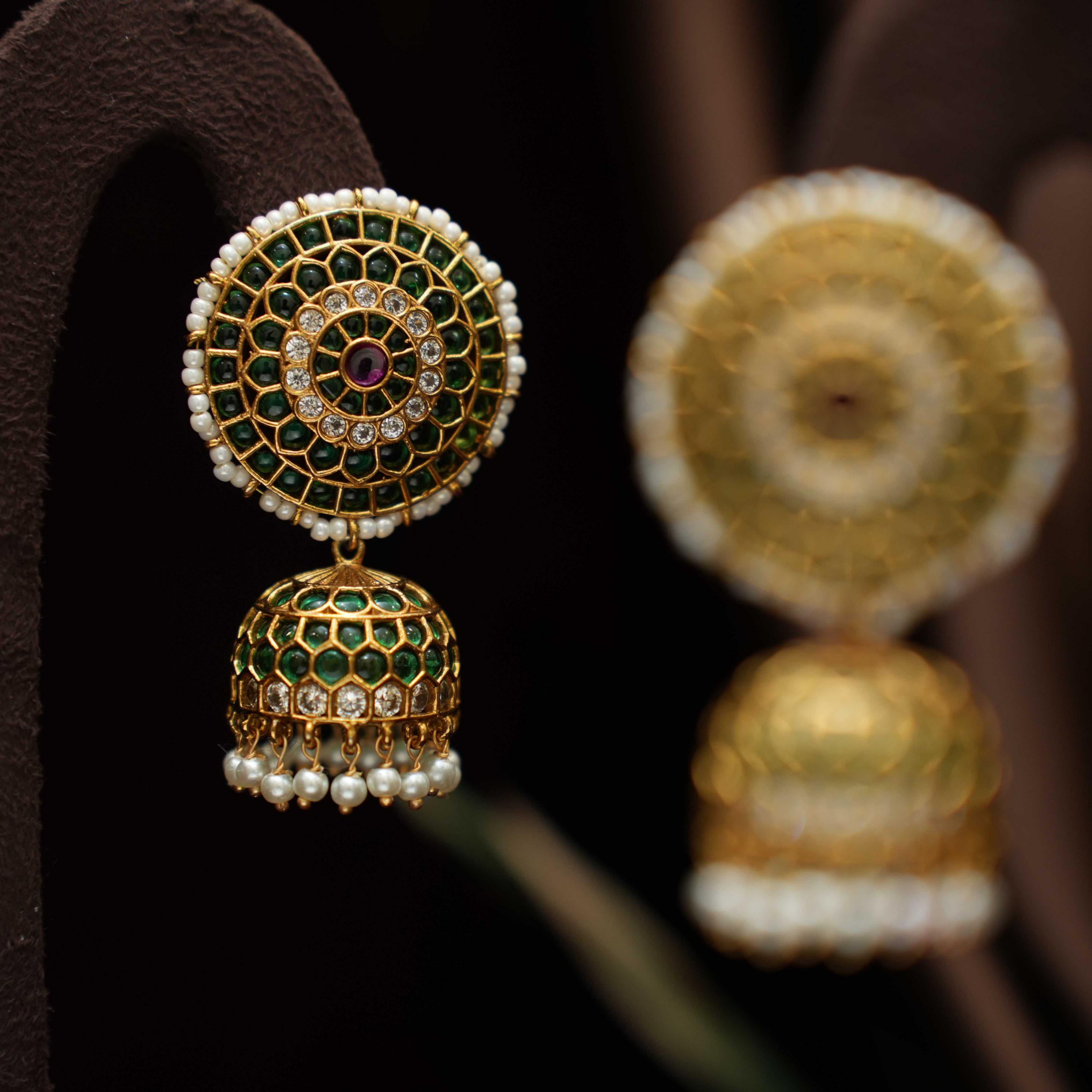 Selvi Antique Jhumka Earrings - Green