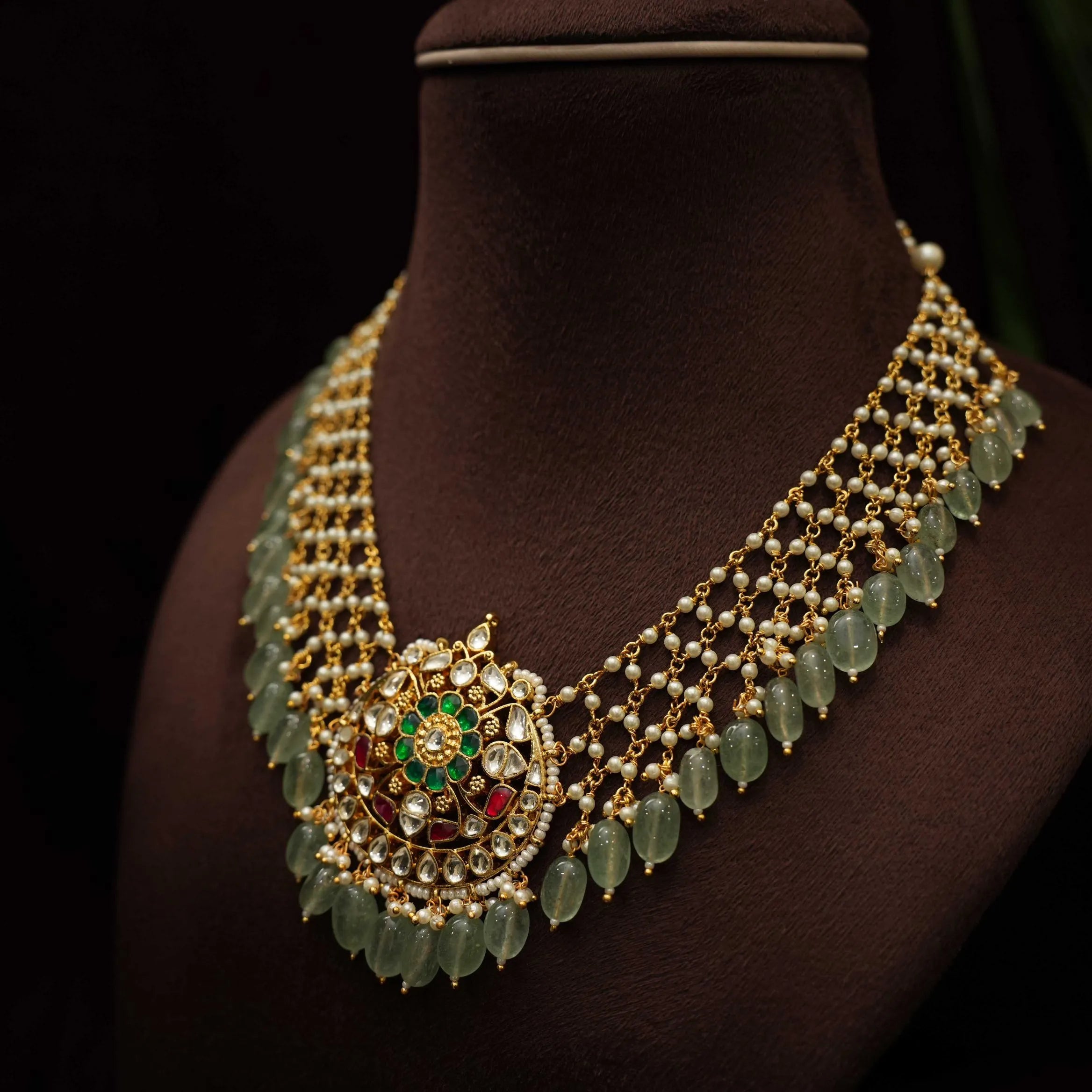 Sara Pearl Polki Necklace - Pastel Green - Rimli Boutique