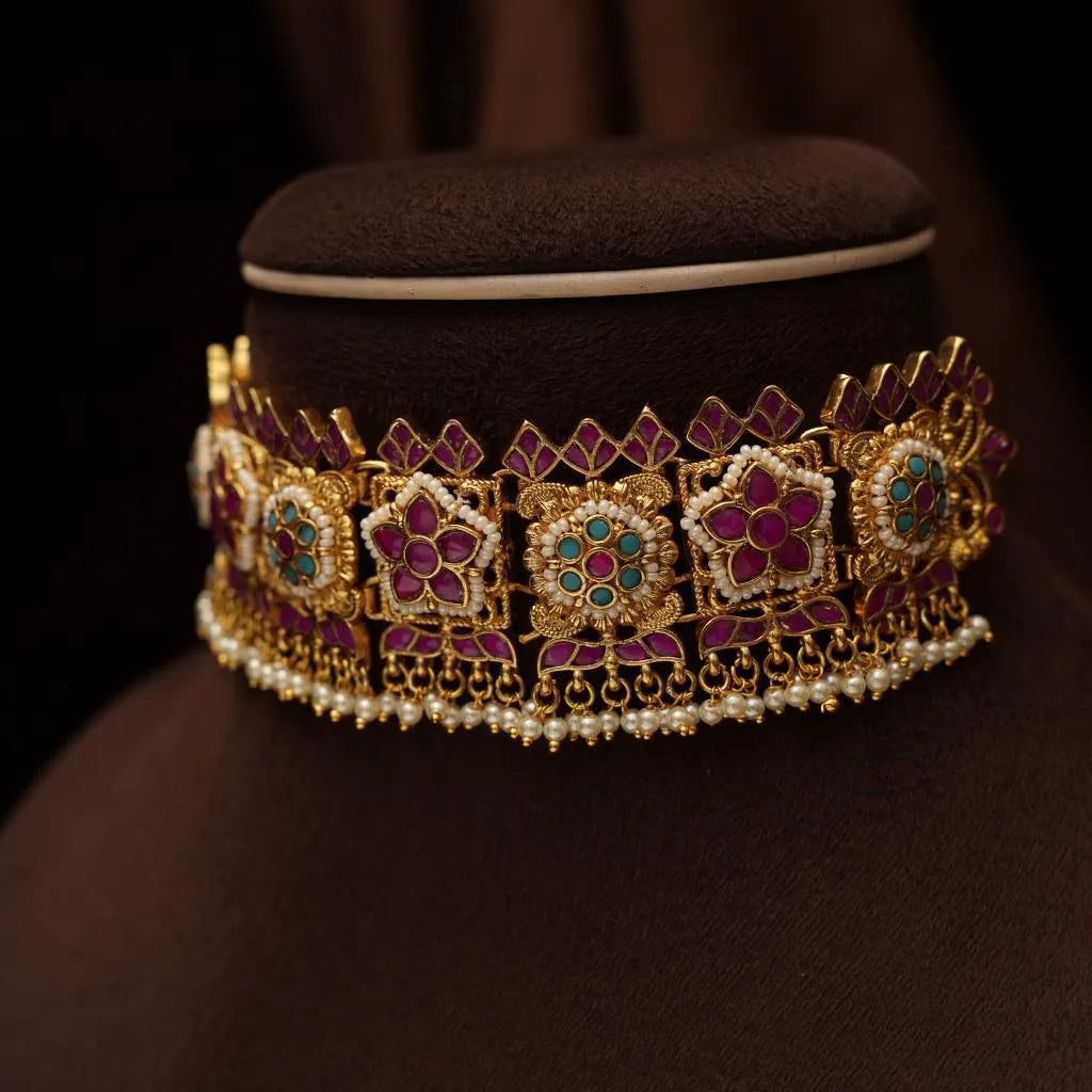 Rupinder Polki Choker - Reddish Pink