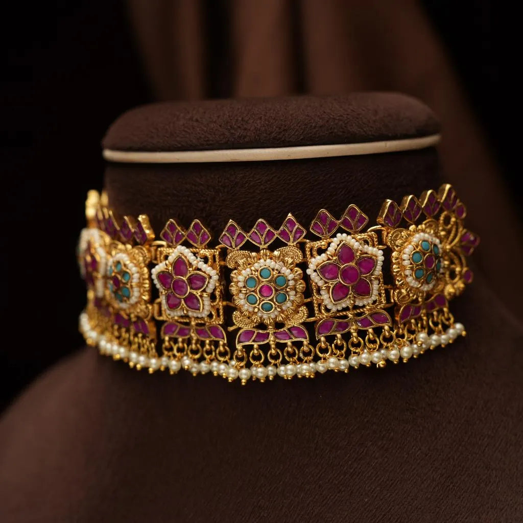 Rupinder Polki Choker - Reddish Pink