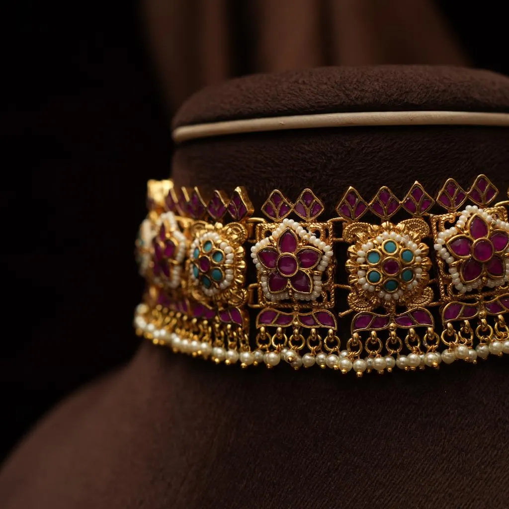 Rupinder Polki Choker - Reddish Pink