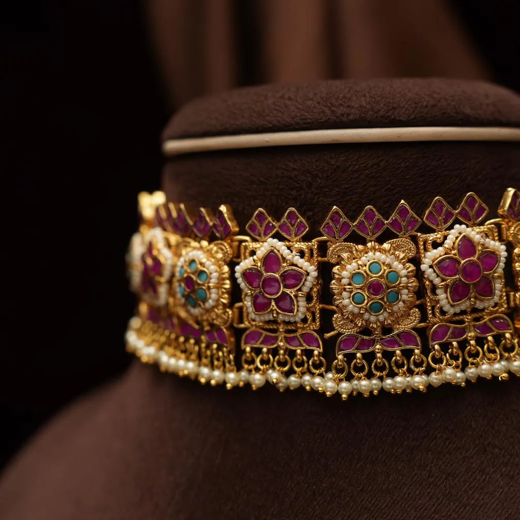 Rupinder Polki Choker - Reddish Pink