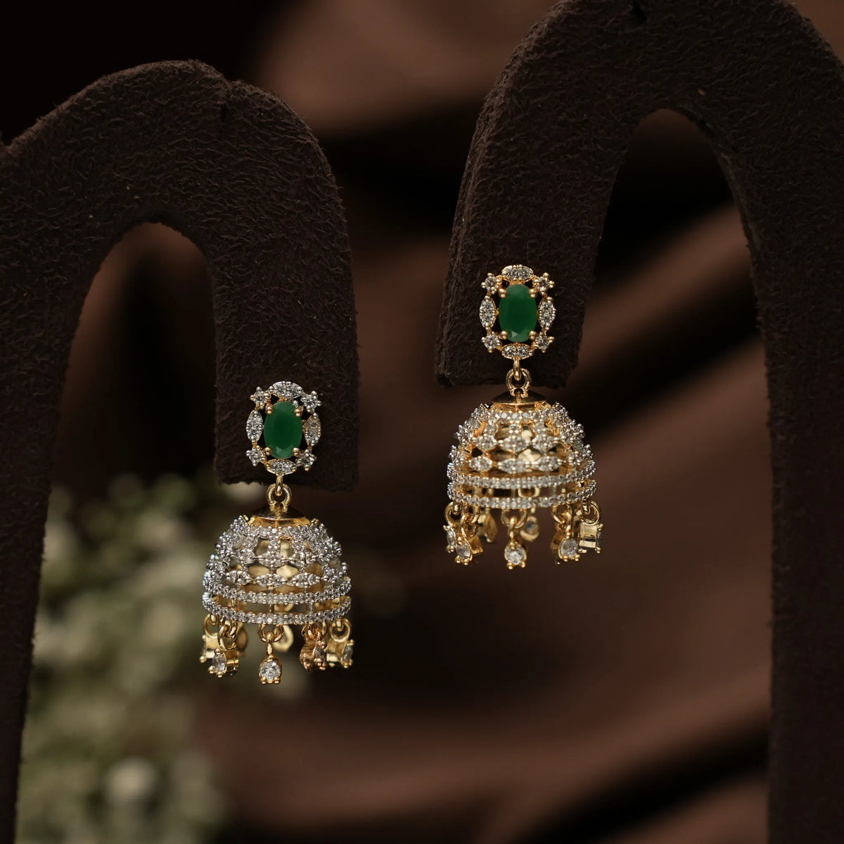 Nuva Zircon Jhumka Earrings -  Green