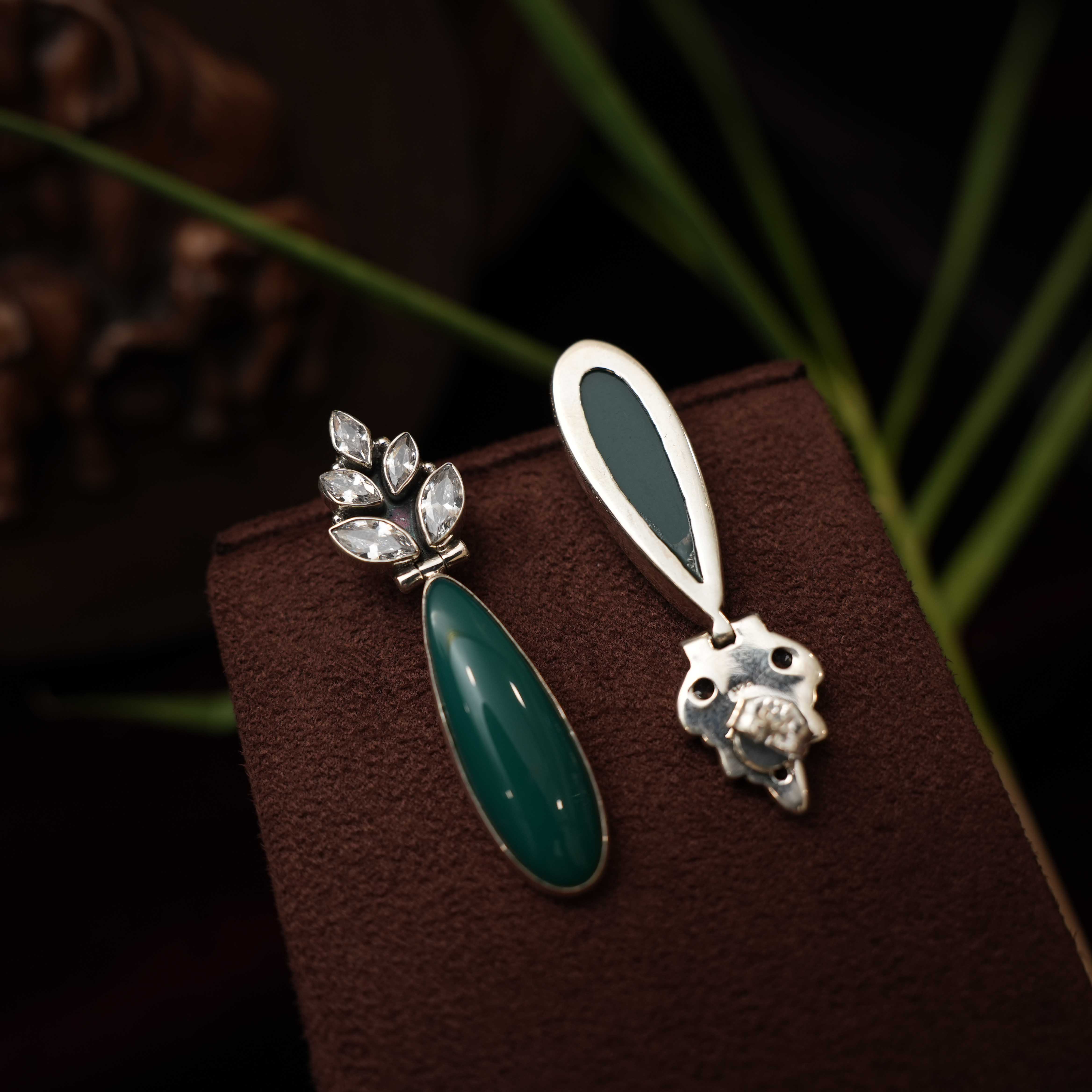 Kezia Oxidized Silver Earrings - Green