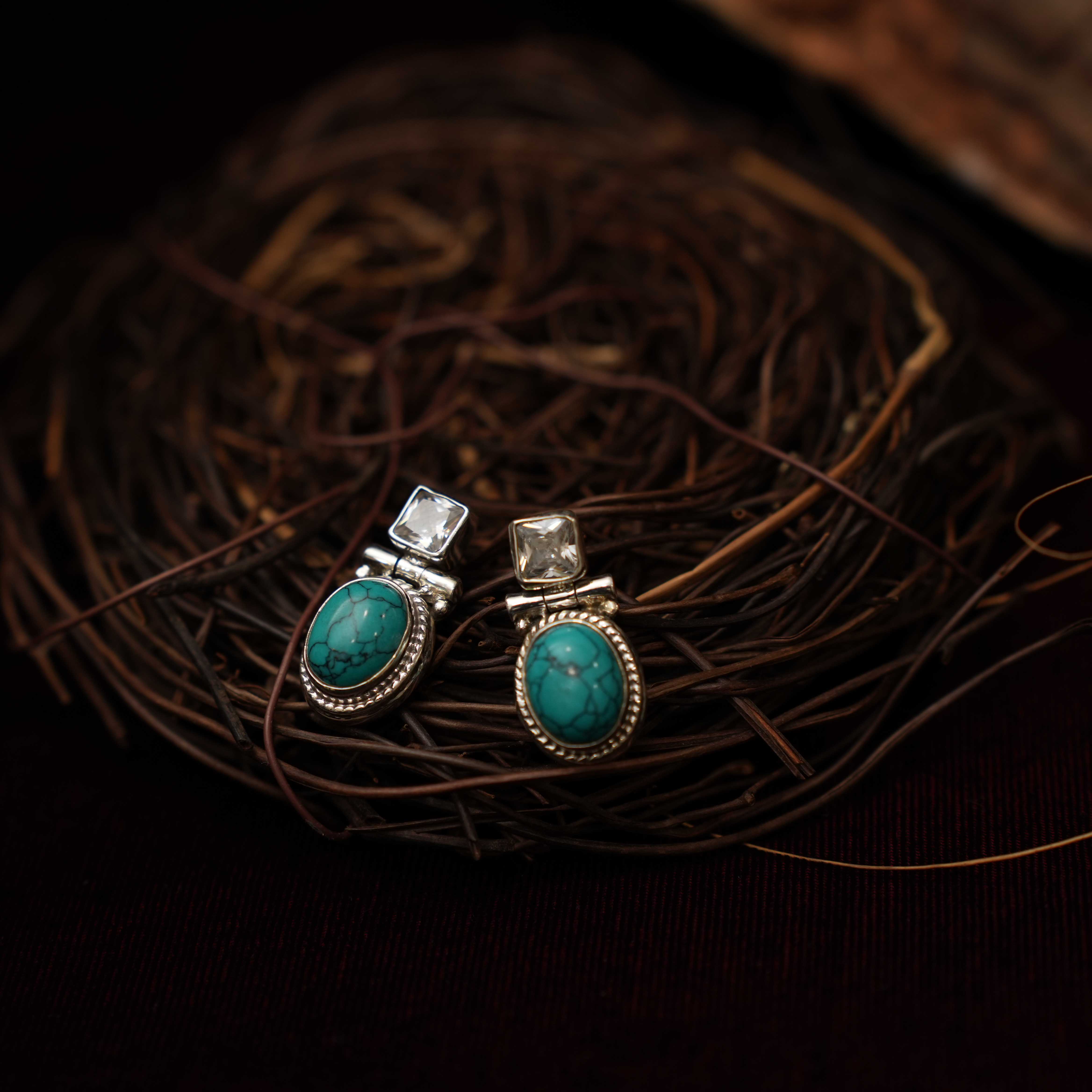 Radhi 925 Oxidized Silver Earrings - Turquoise