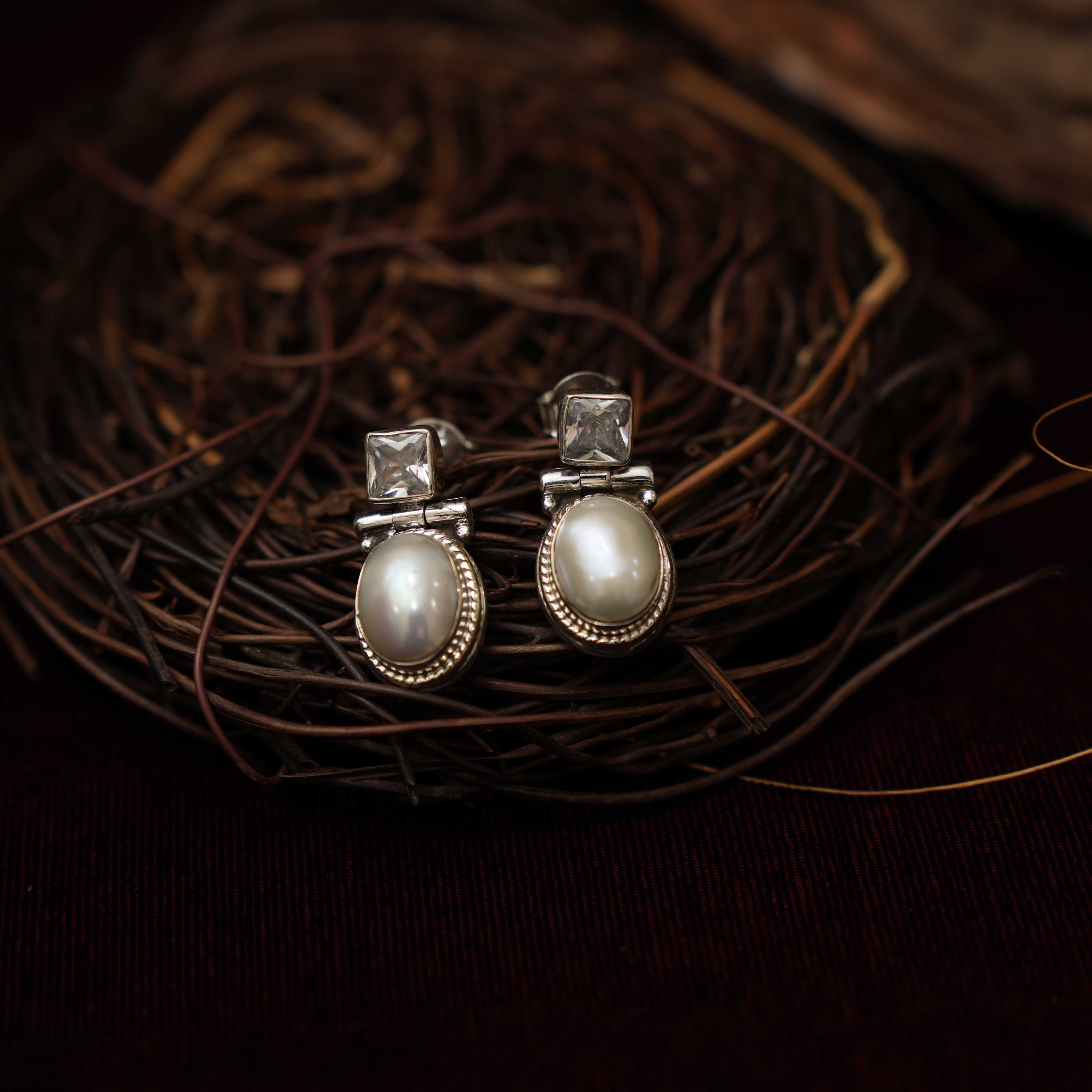 Radhi 925 Oxidized Silver Earrings - Pearl