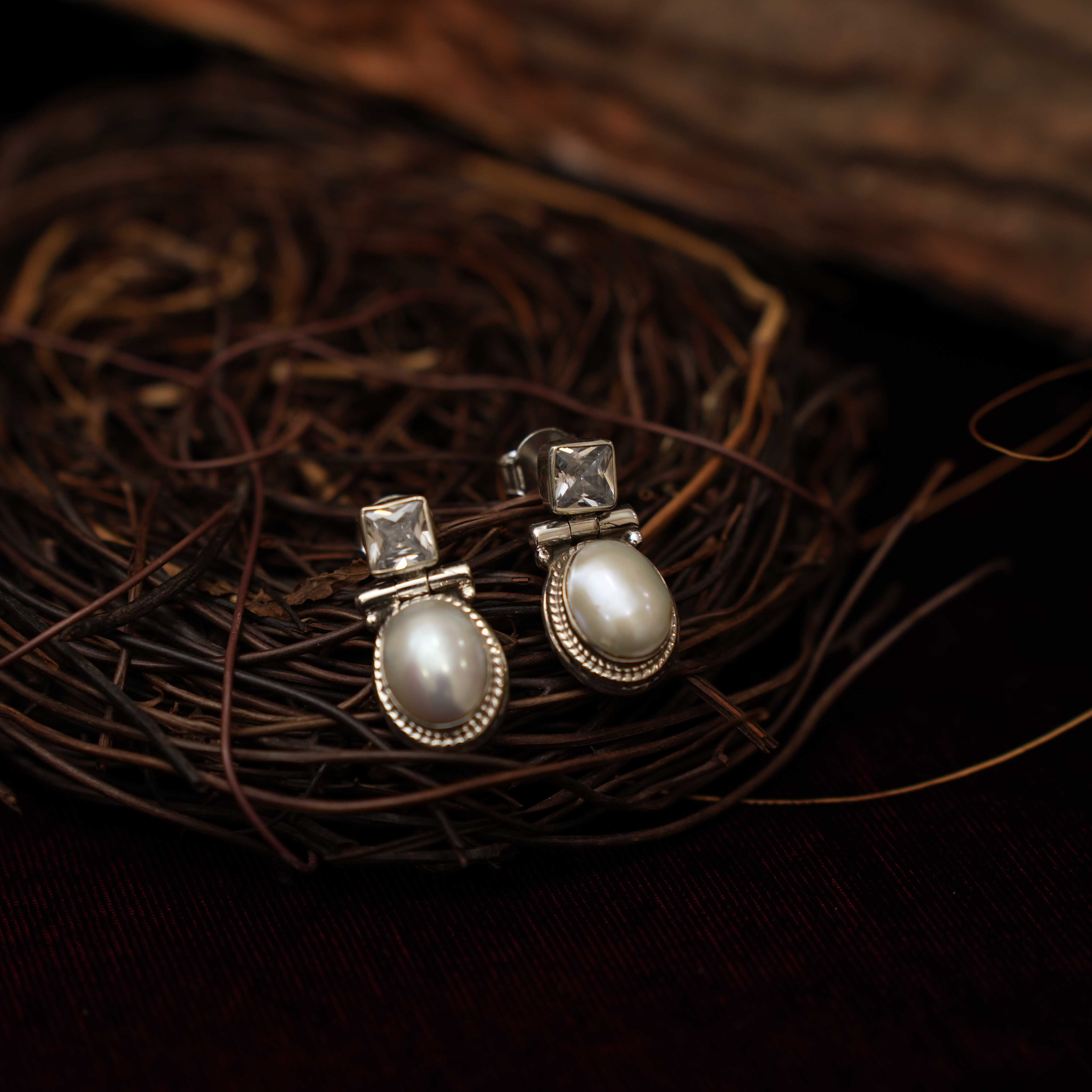 Radhi 925 Oxidized Silver Earrings - Pearl