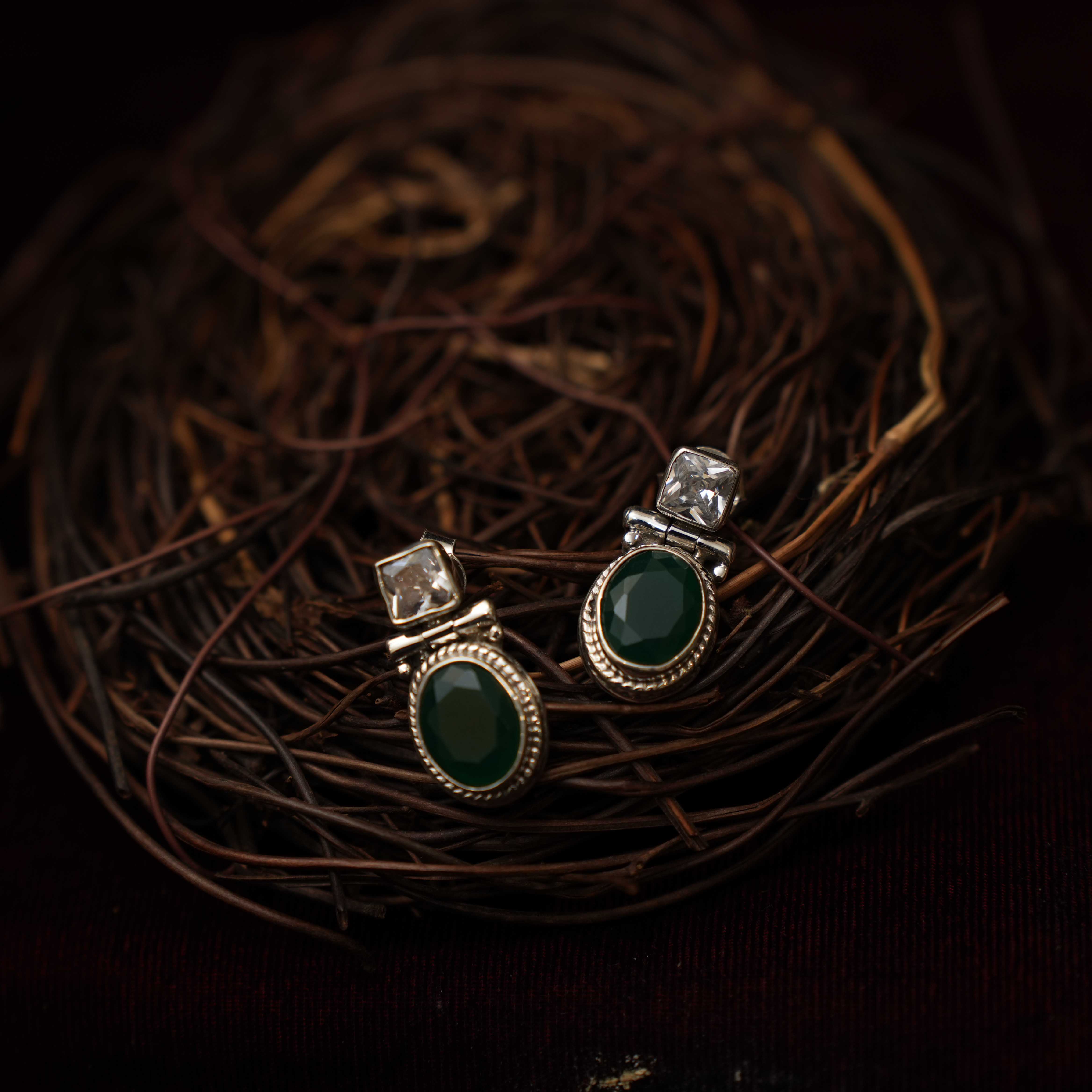 Radhi 925 Oxidized Silver Earrings - Green