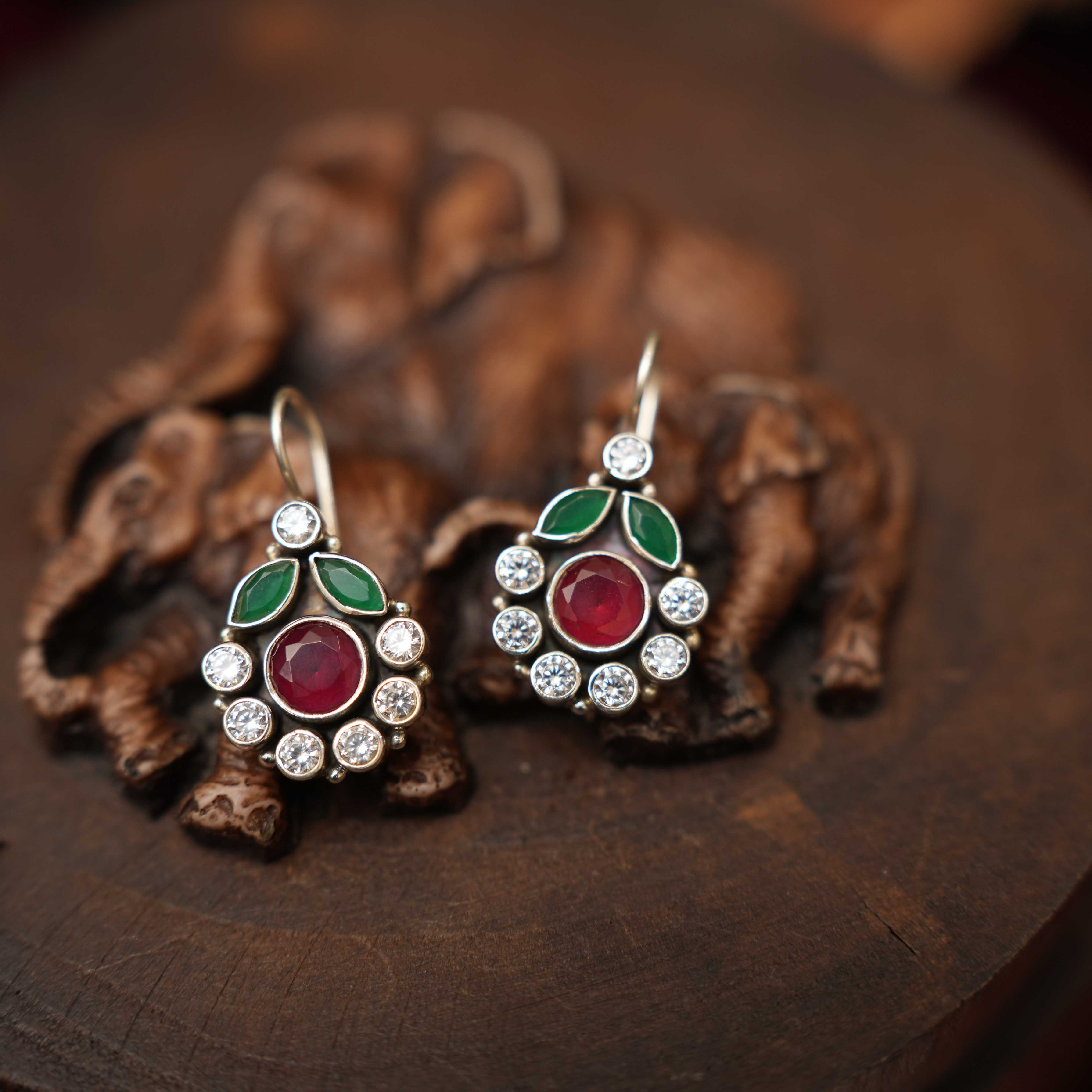 Shilpa 925 Oxidized Silver Earrings - Green & Red