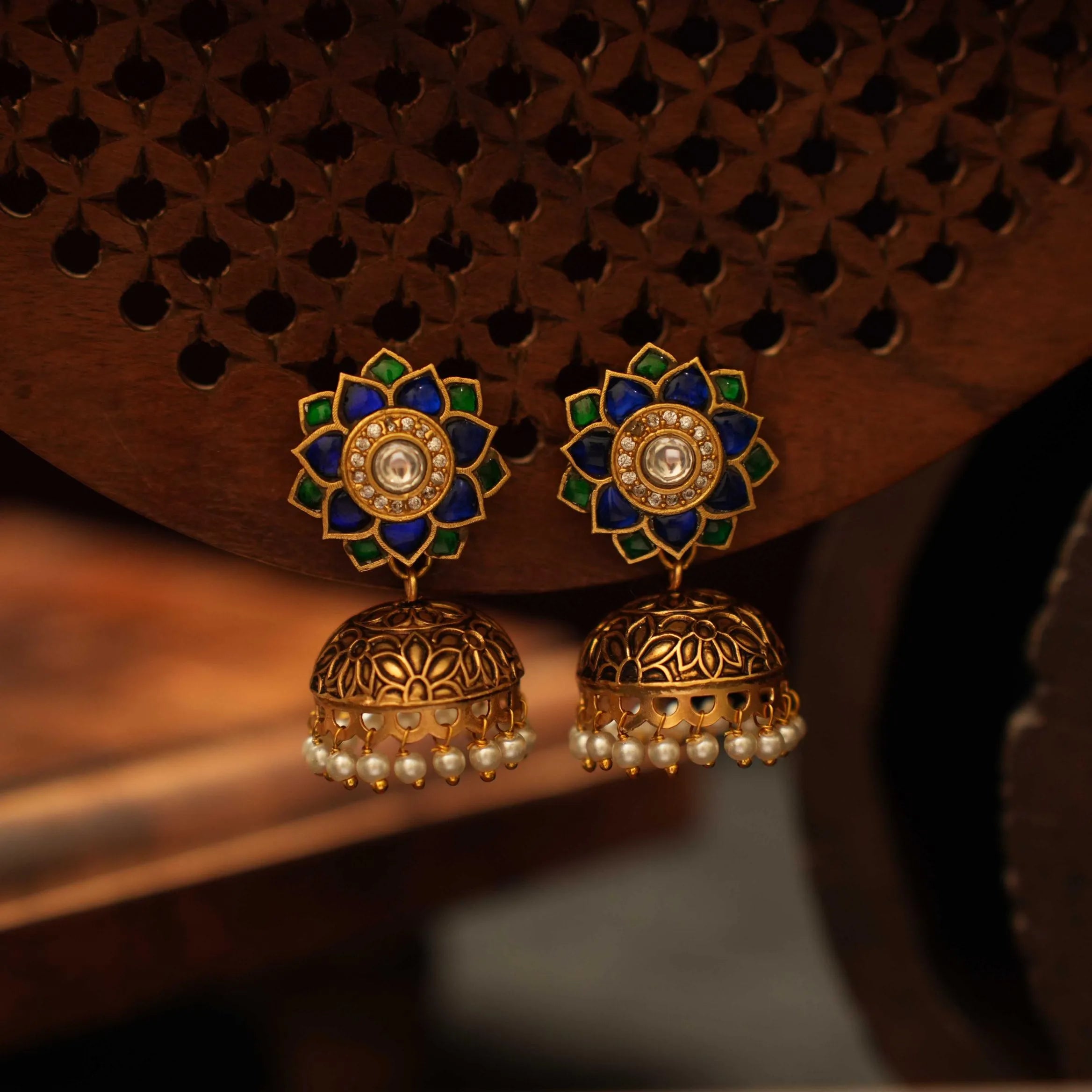 Vaisiri Polki Jhumka - Blue & Green