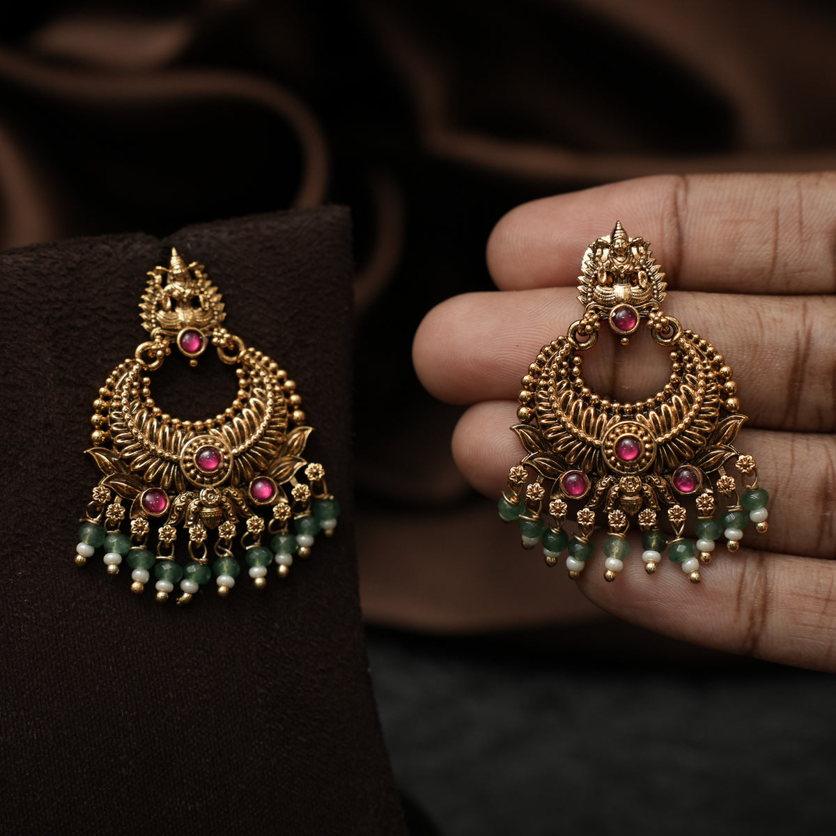 Umayal Antique Chandbali Earrings - Red