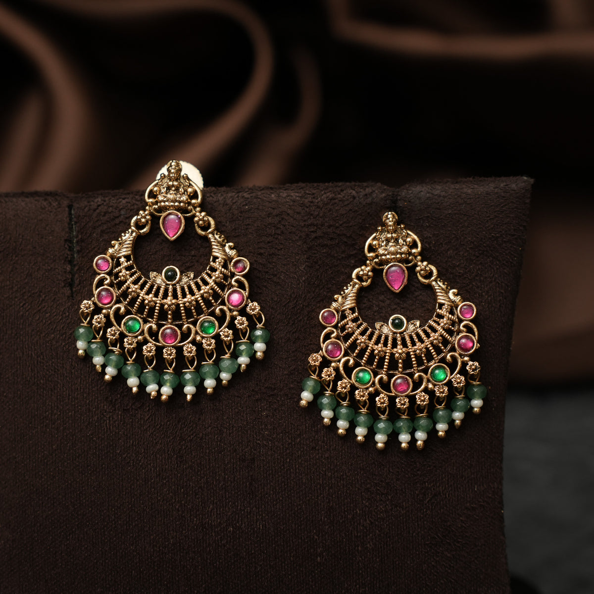 Mythrei Antique Chandbali Earrings - Red & Green