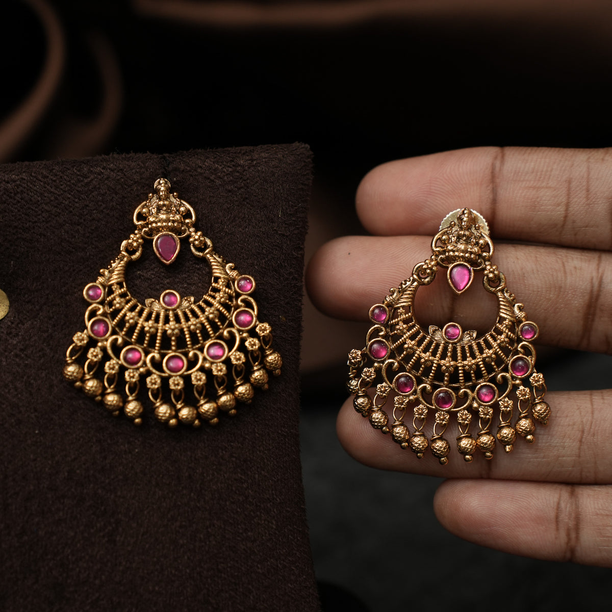 Paaru Antique Chandbali Earrings - Red