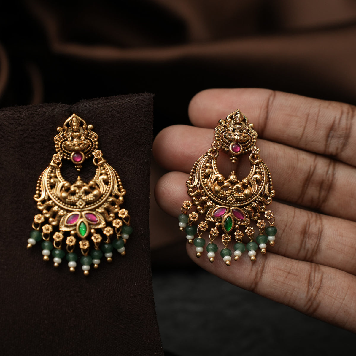 Monica Antique Chandbali Earrings - Red & Green