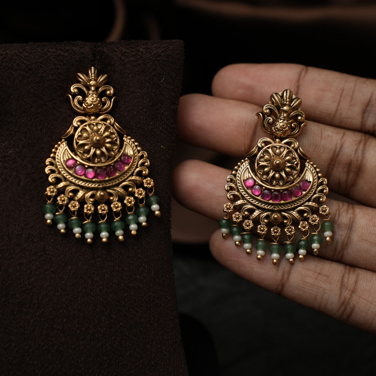 Sandhya Antique Chandbali Earrings - Red