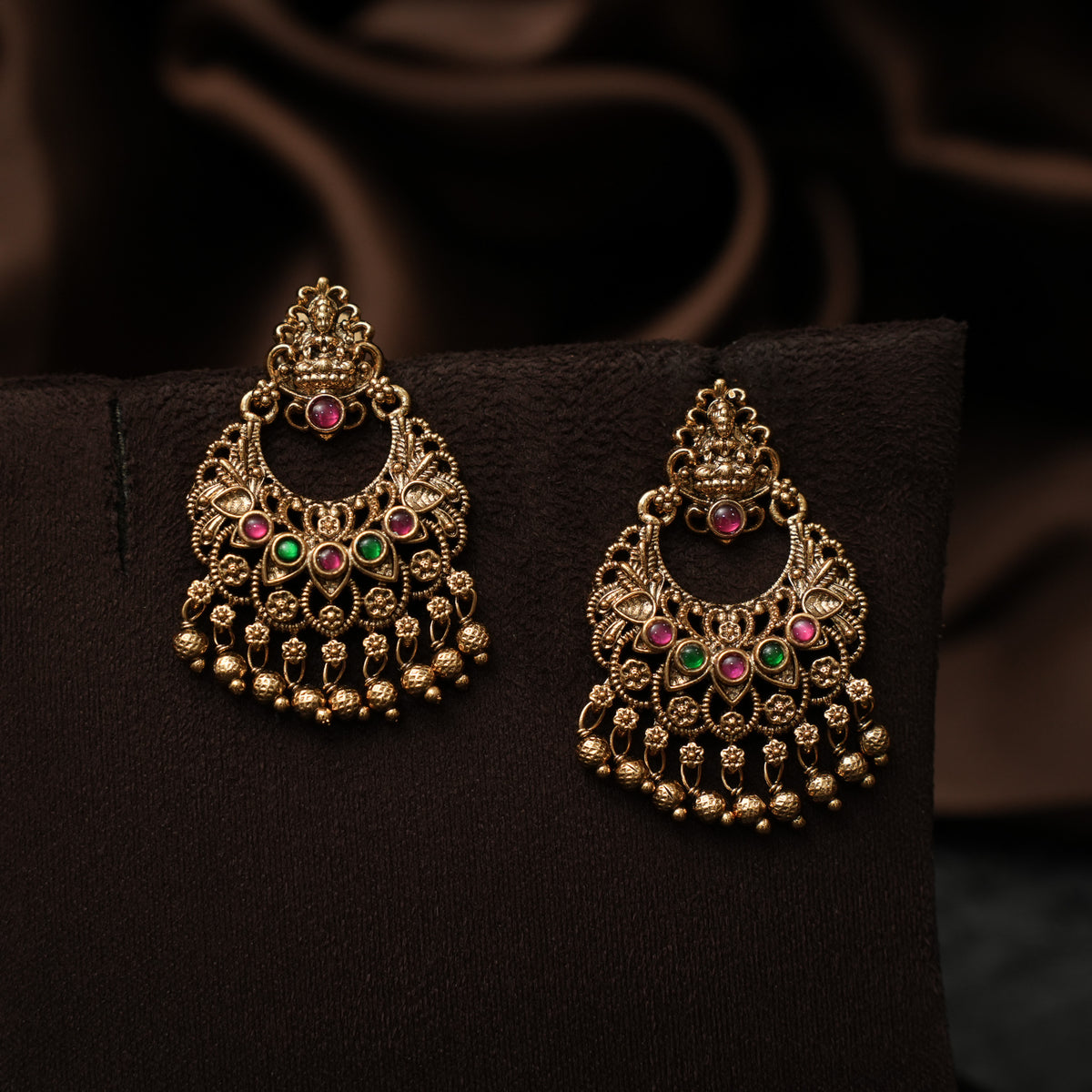 Shivangi Antique Chandbali Earrings - Red & Green