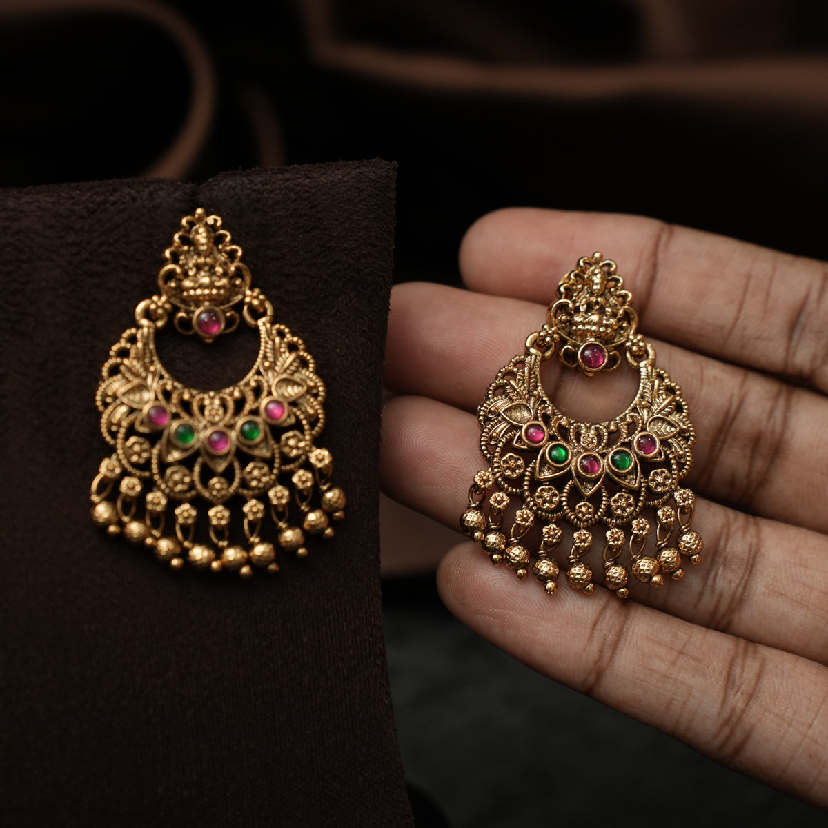 Shivangi Antique Chandbali Earrings - Red & Green