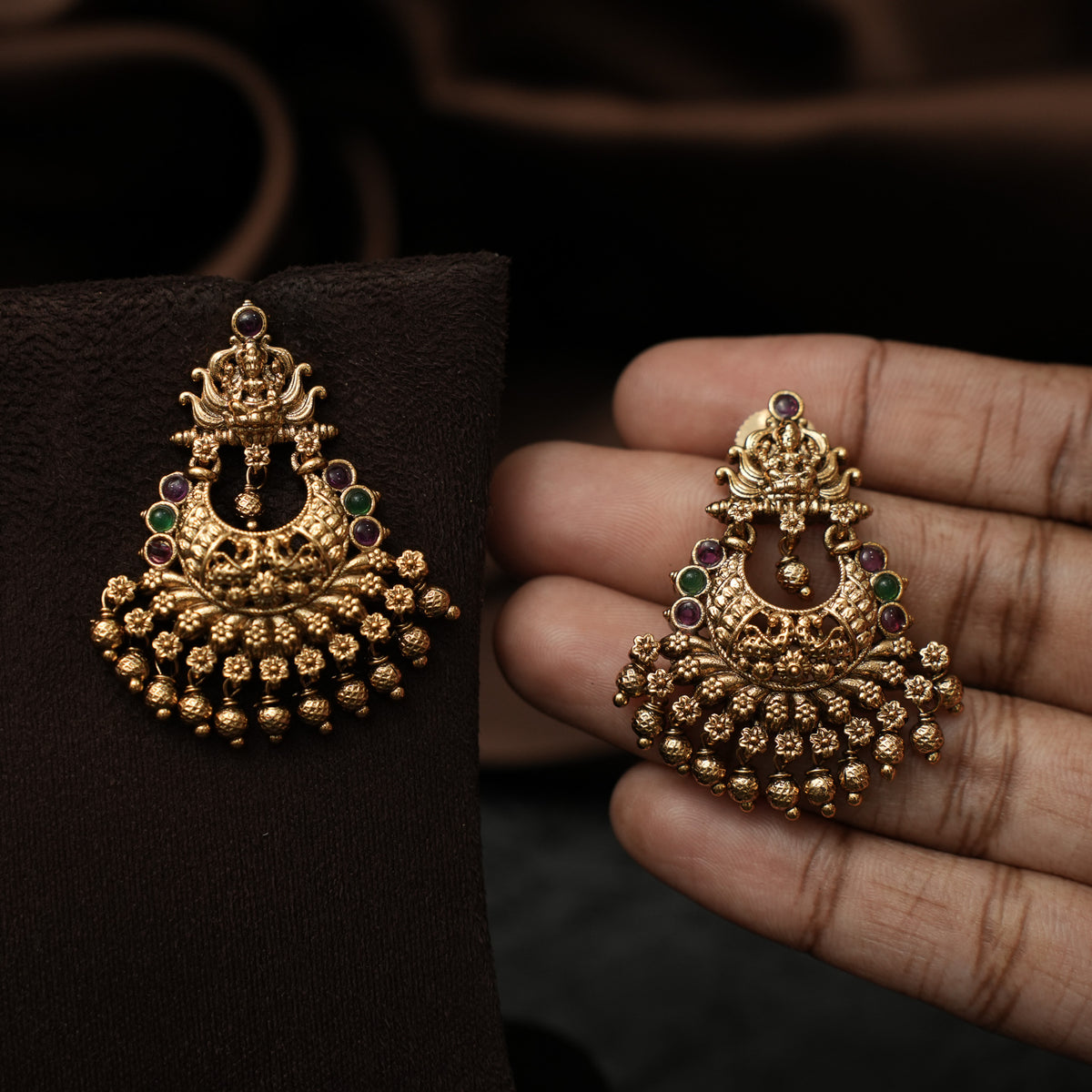 Swathi Antique Chandbali Earrings - Red & Green