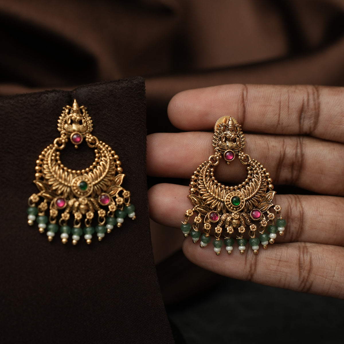 Umayal Antique Chandbali Earrings - Red & Green
