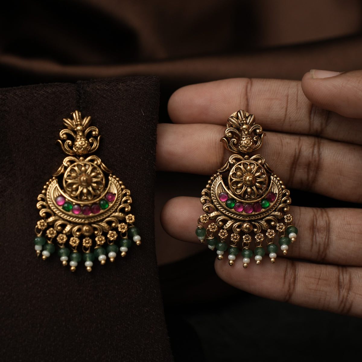 Sandhya Antique Chandbali Earrings - Red & Green