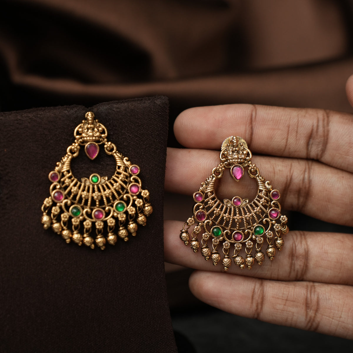 Paaru Antique Chandbali Earrings - Red & Green