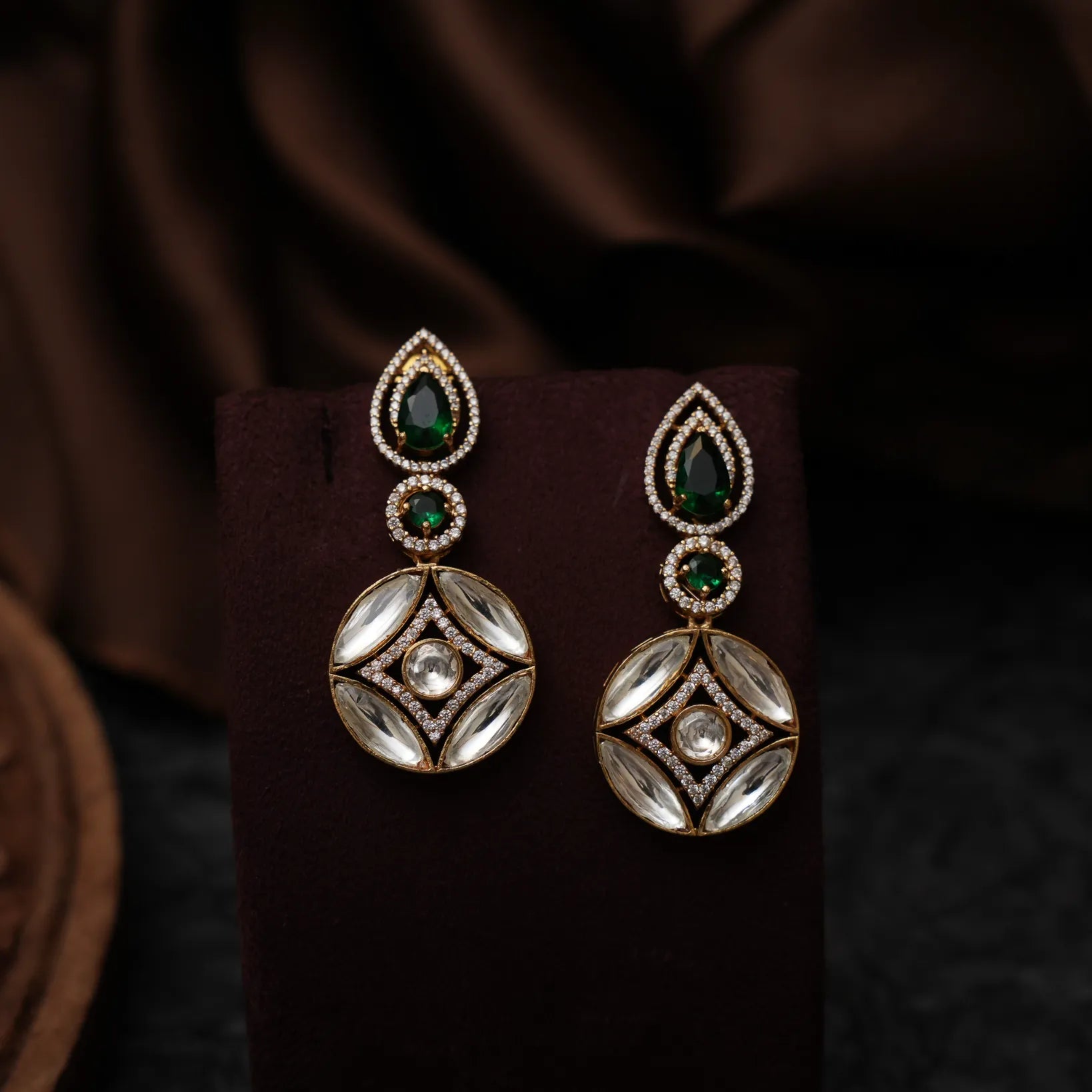Saaruja Polki Designer Earrings - Green & White