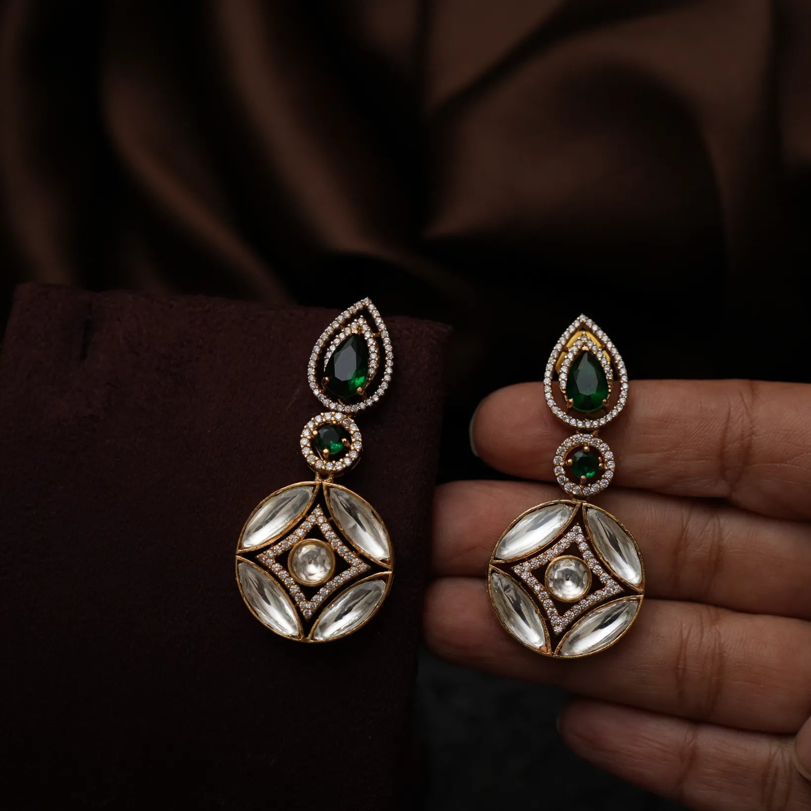 Saaruja Polki Designer Earrings - Green & White