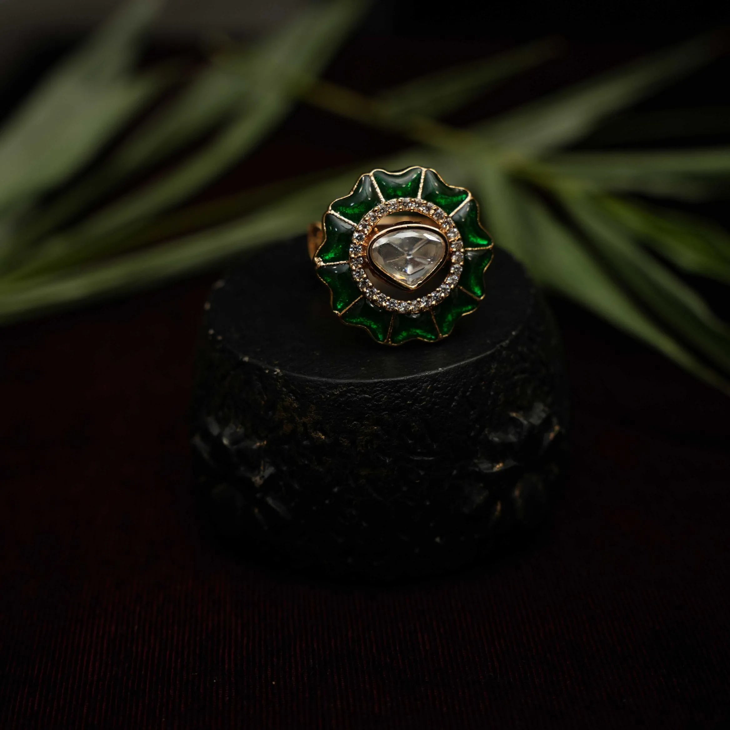 Saira Polki Ring - Dark Green