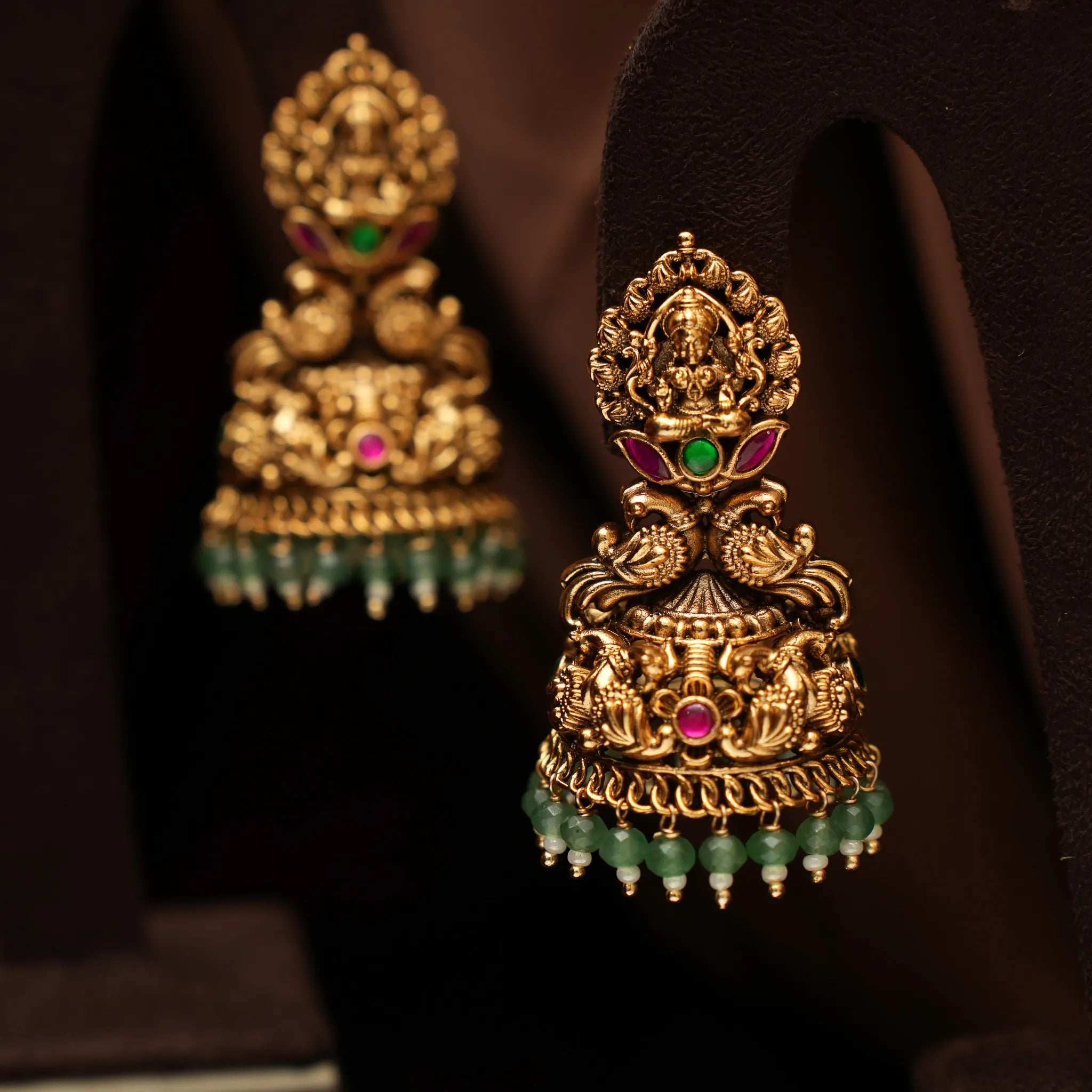 Samhita Antique Jhumka Earrings - Red & Green