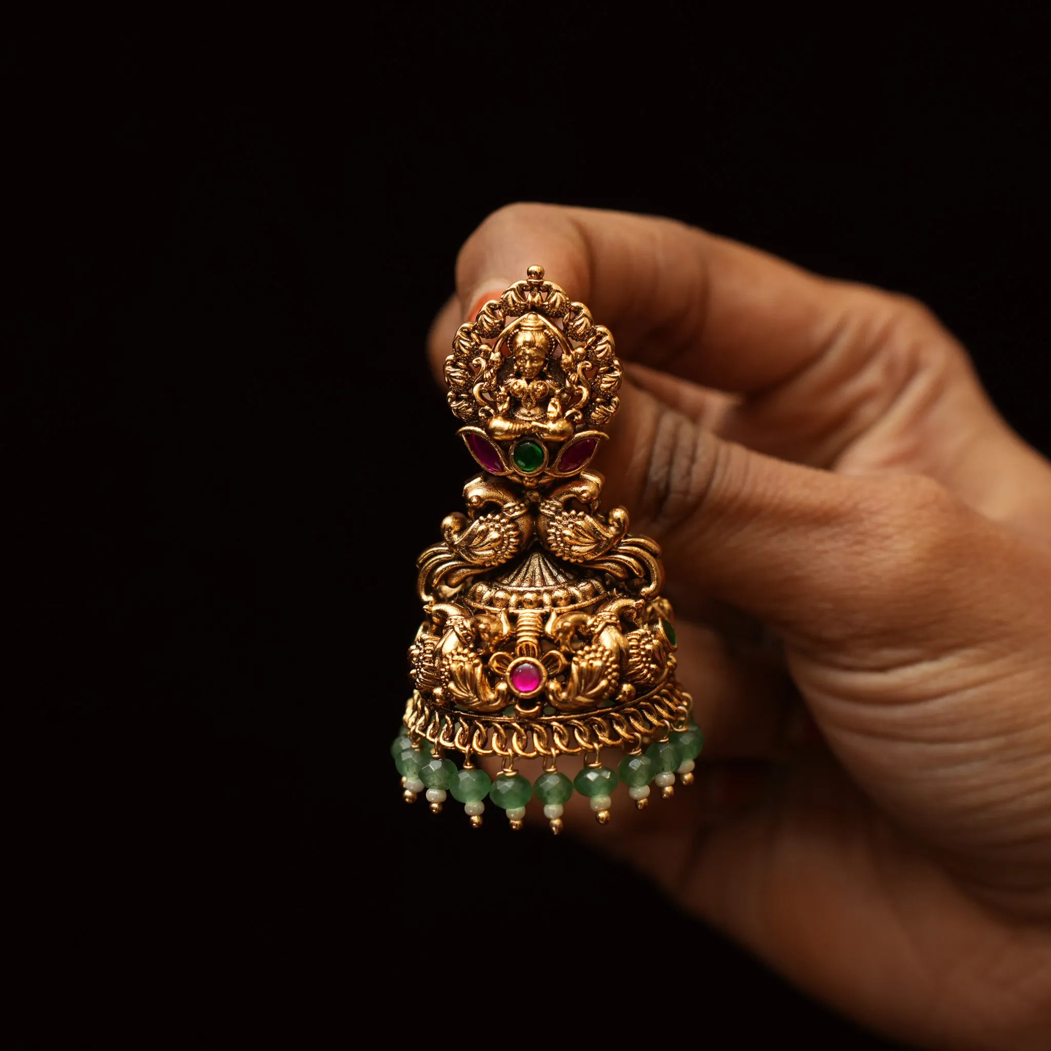 Samhita Antique Jhumka Earrings - Red & Green