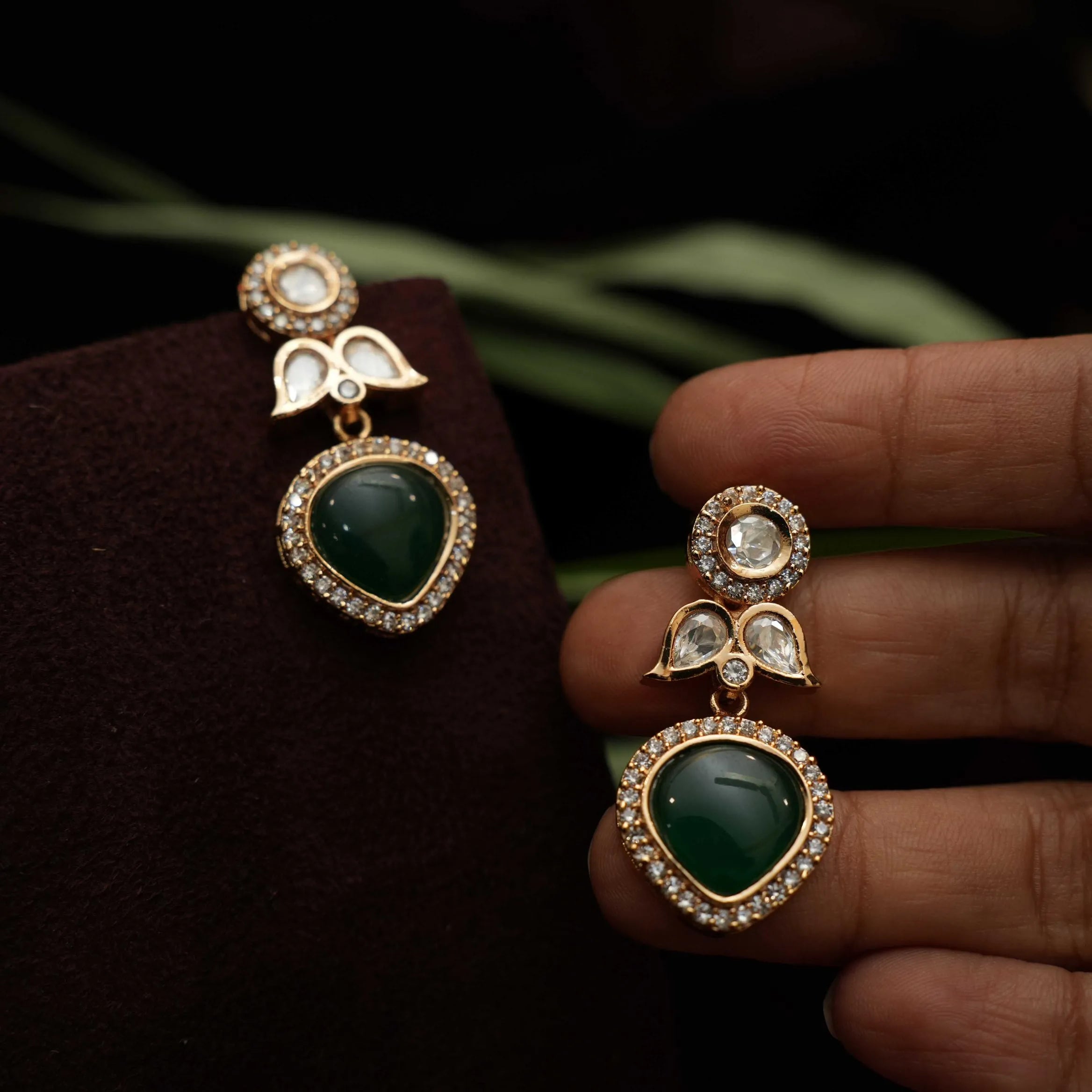 Sanya Designer Polki Earrings - Dark Green