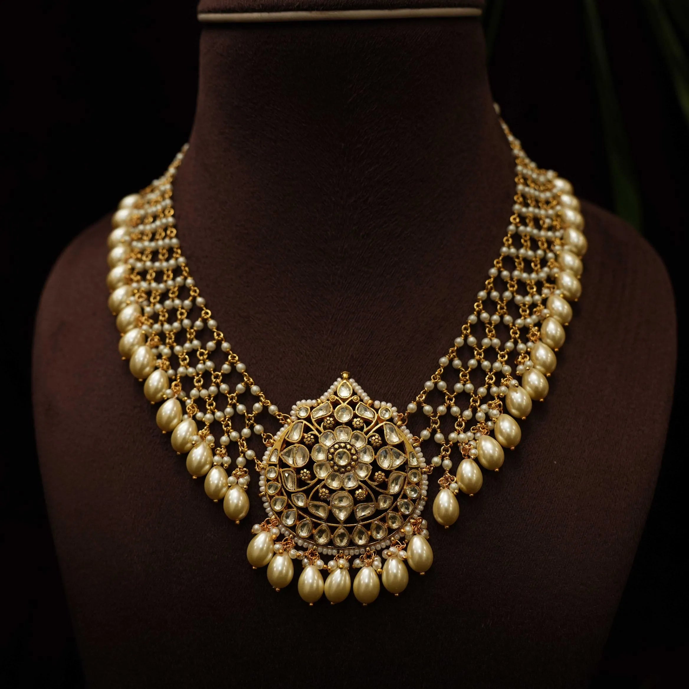 Sara Pearl Polki Necklace - White - Rimli Boutique