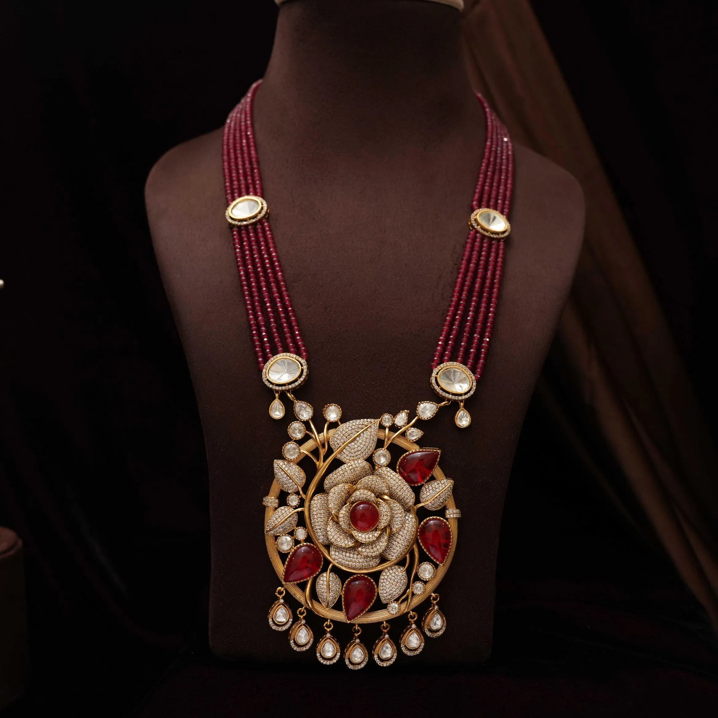 Sarisha Beaded Polki Necklace - Red