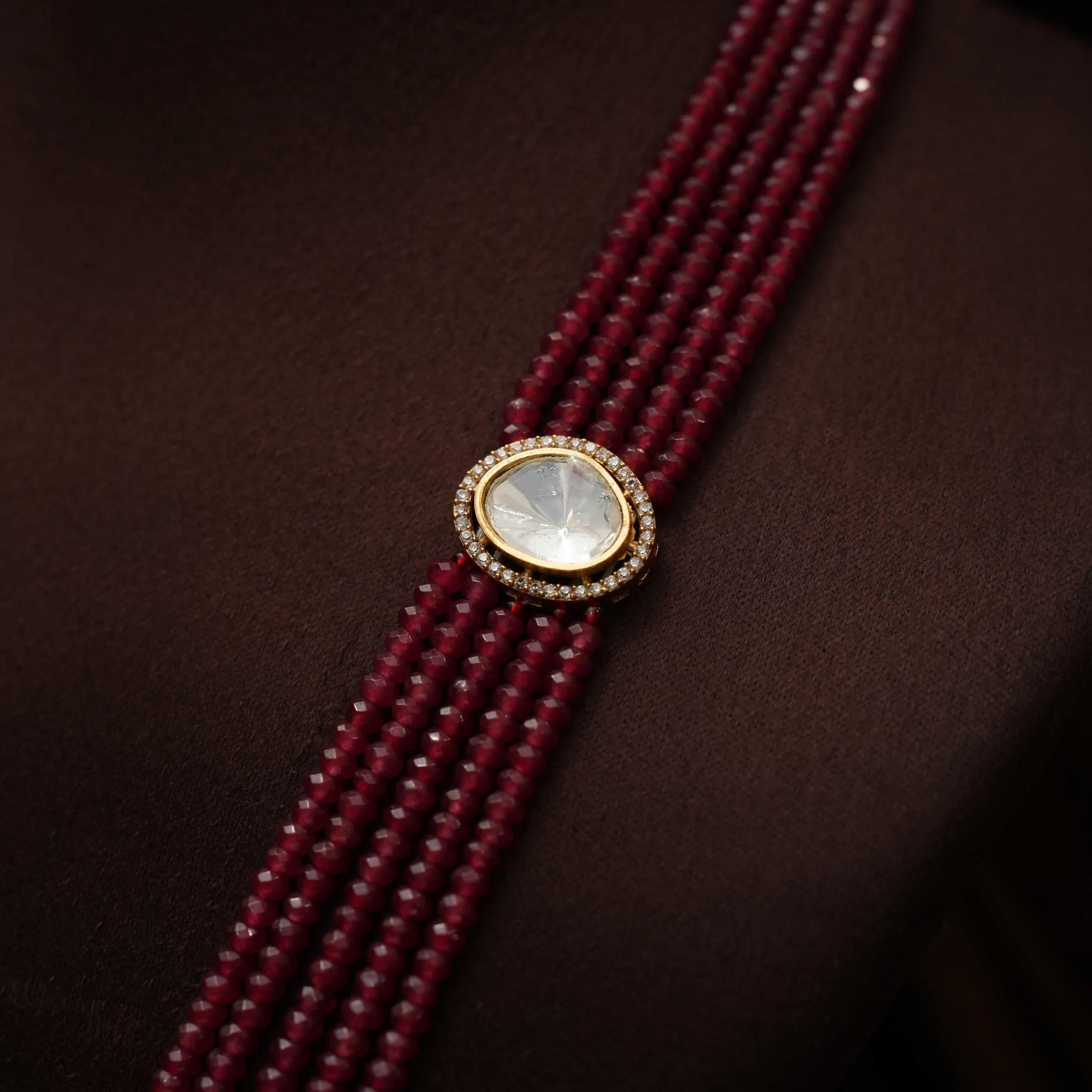 Sarisha Beaded Polki Necklace - Red