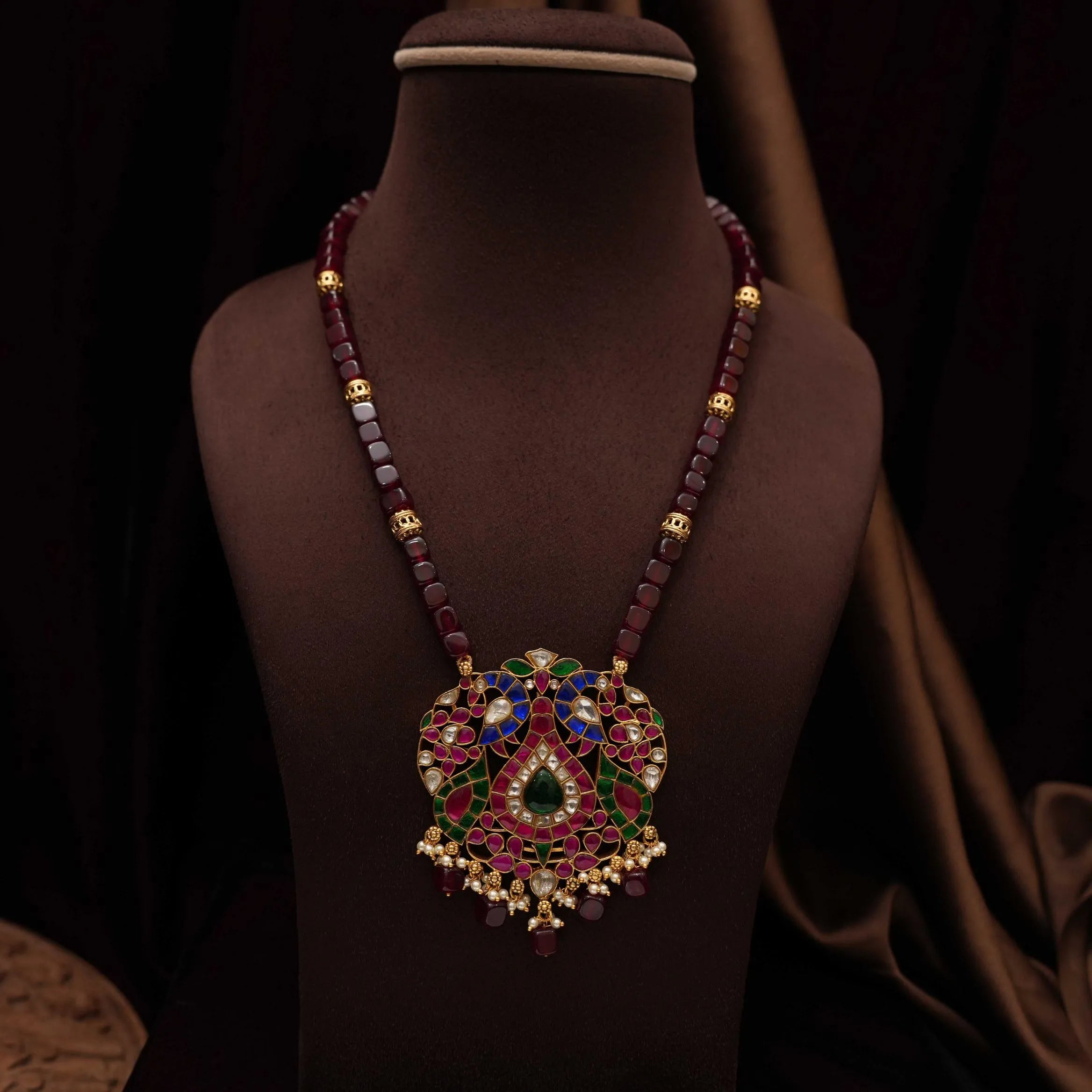Saritha Beaded Polki Necklace - Maroon