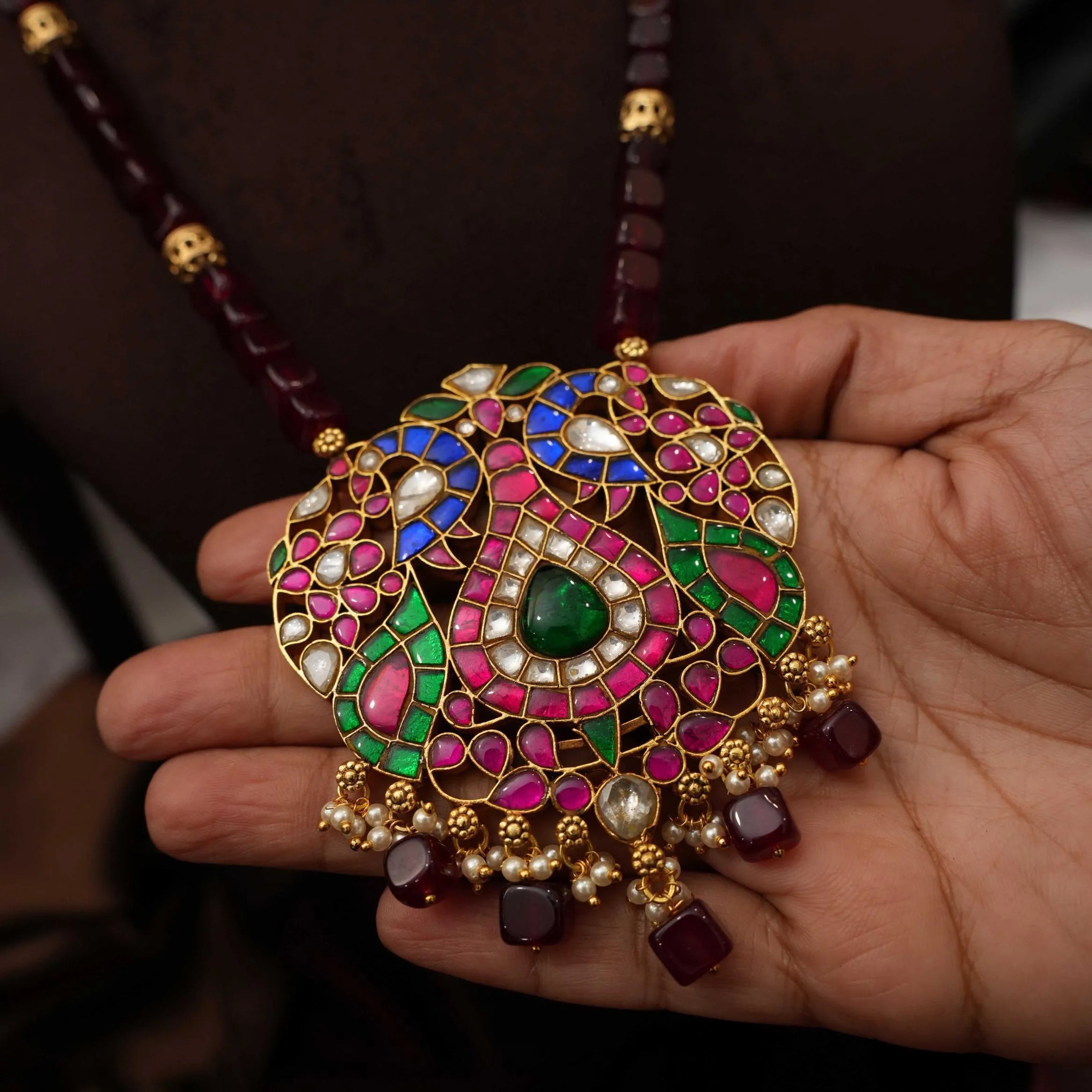 Saritha Beaded Polki Necklace - Maroon