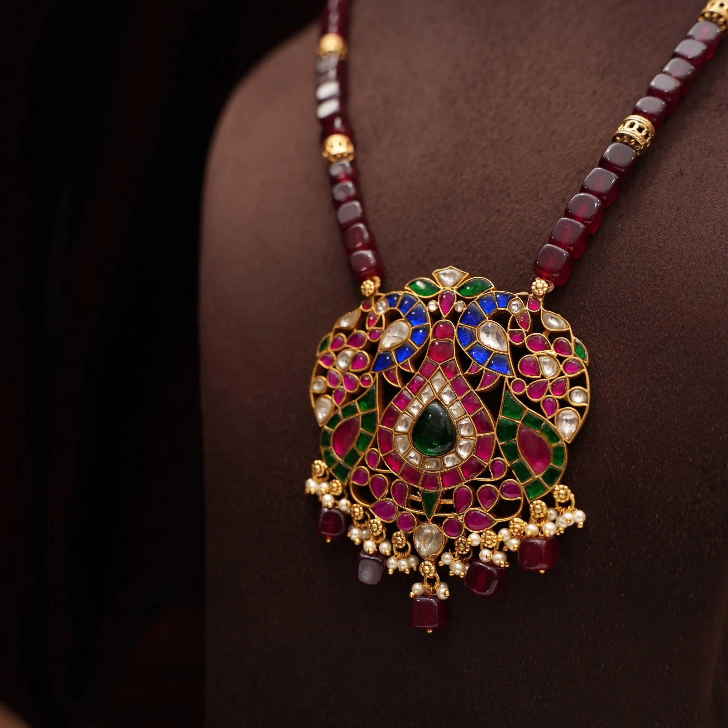 Saritha Beaded Polki Necklace - Maroon