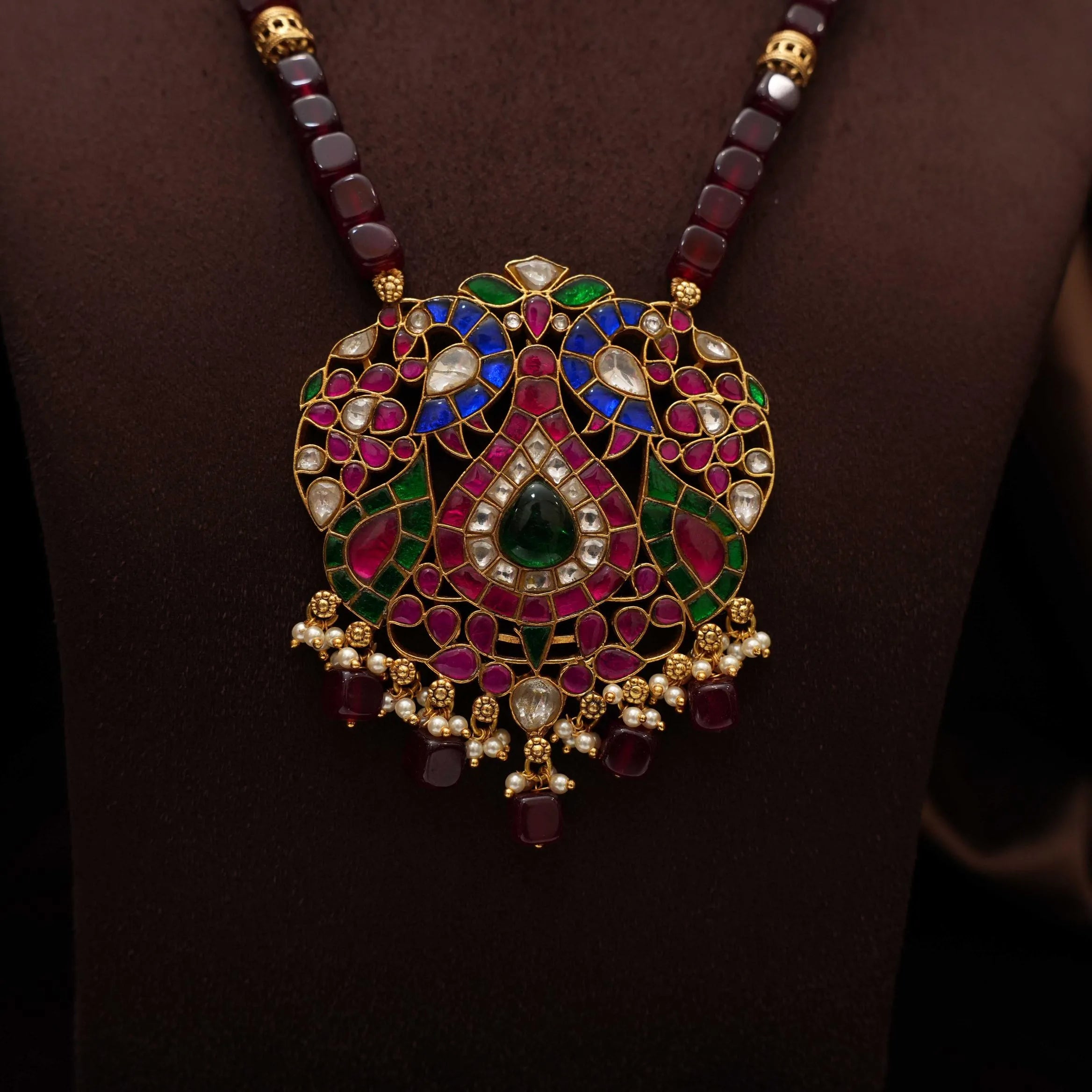 Saritha Beaded Polki Necklace - Maroon