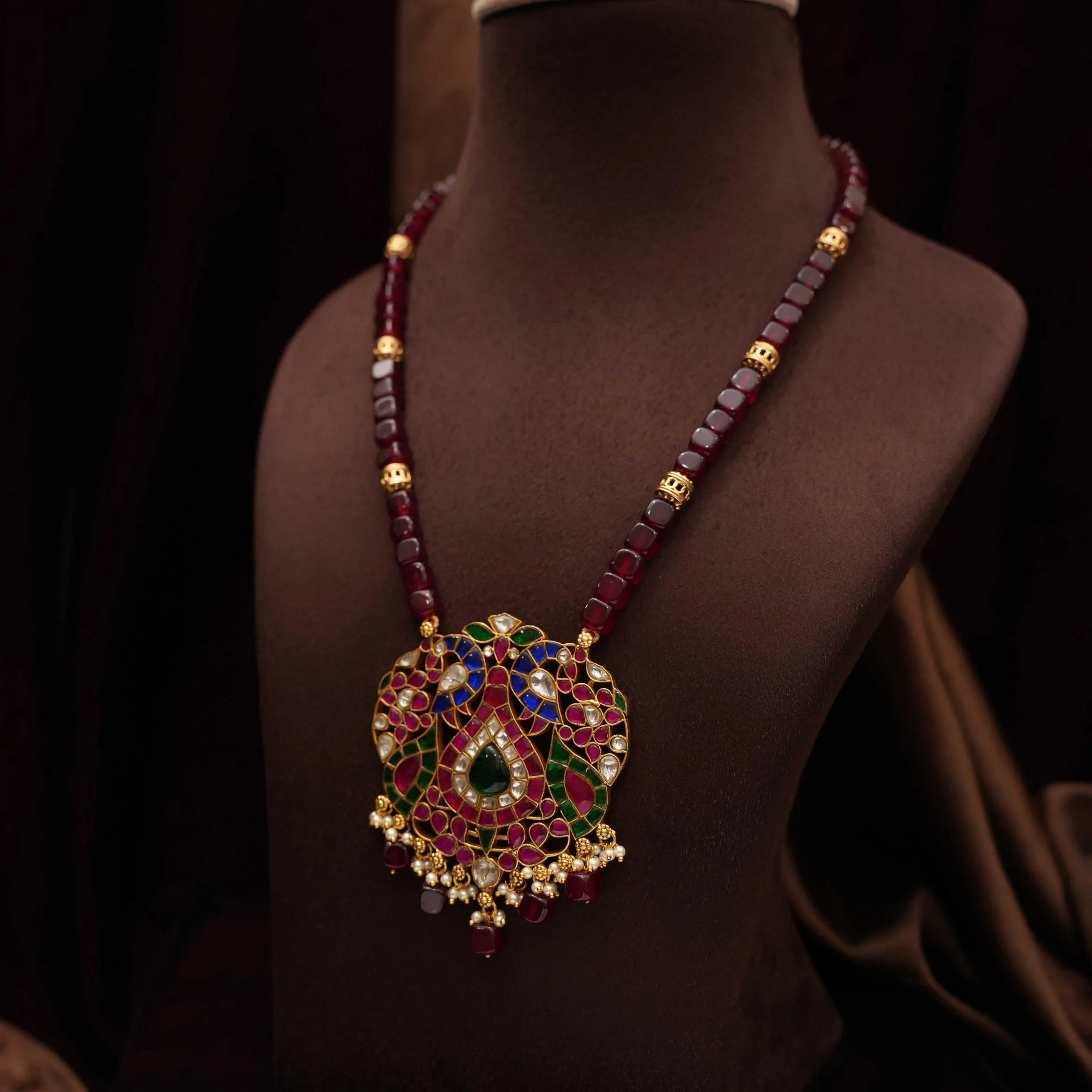 Saritha Beaded Polki Necklace - Maroon
