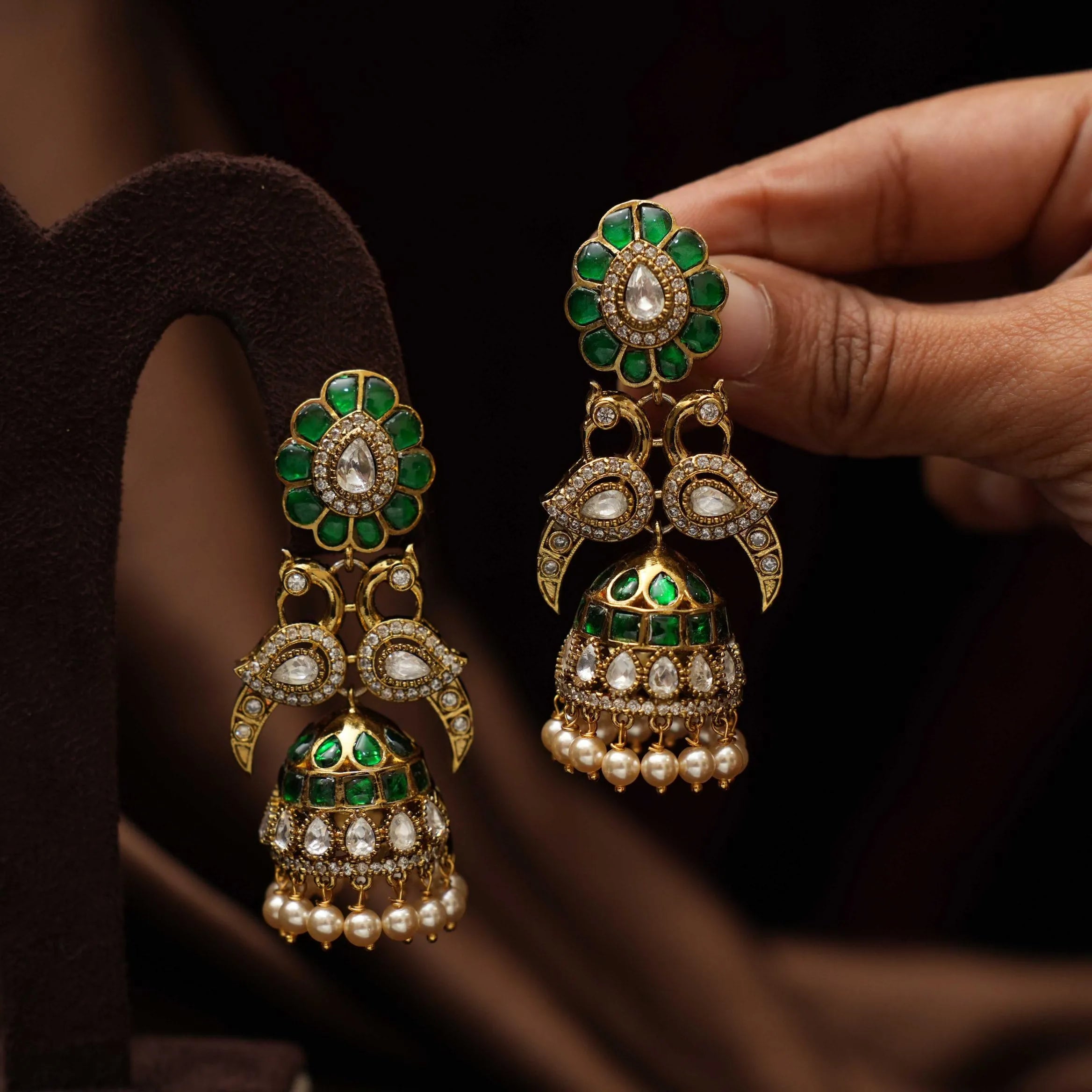 Saveer Polki Jhumka Earrings - Green