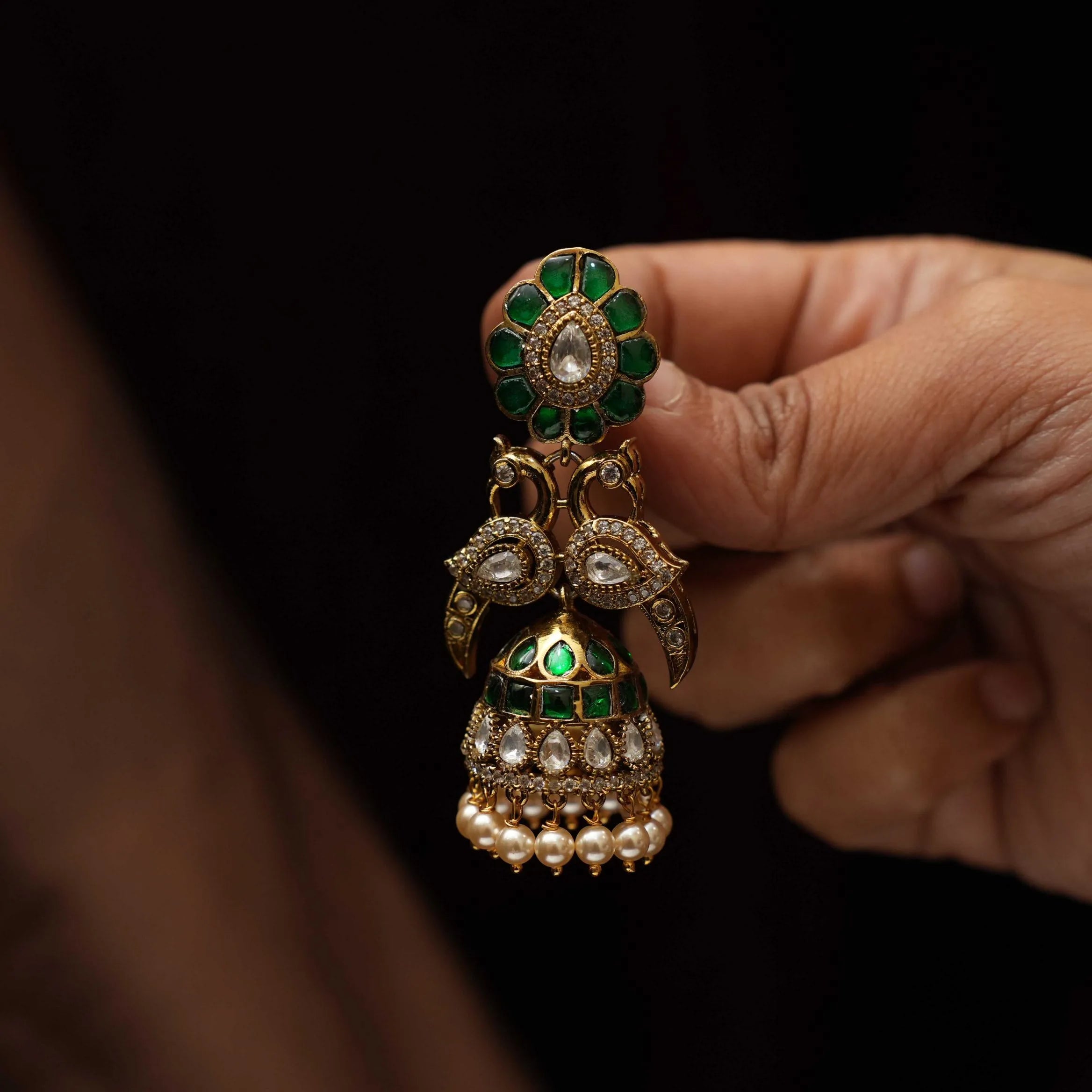 Saveer Polki Jhumka Earrings - Green
