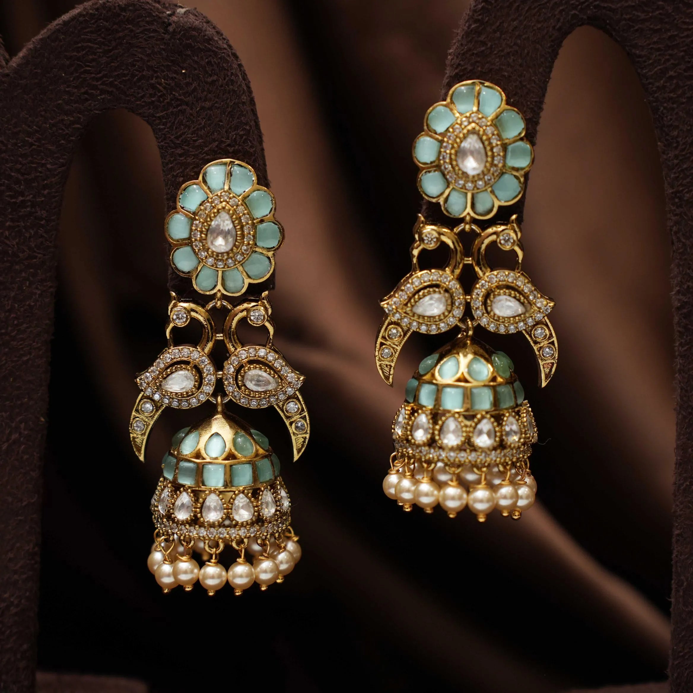 Saveer Polki Jhumka Earrings - Aqua