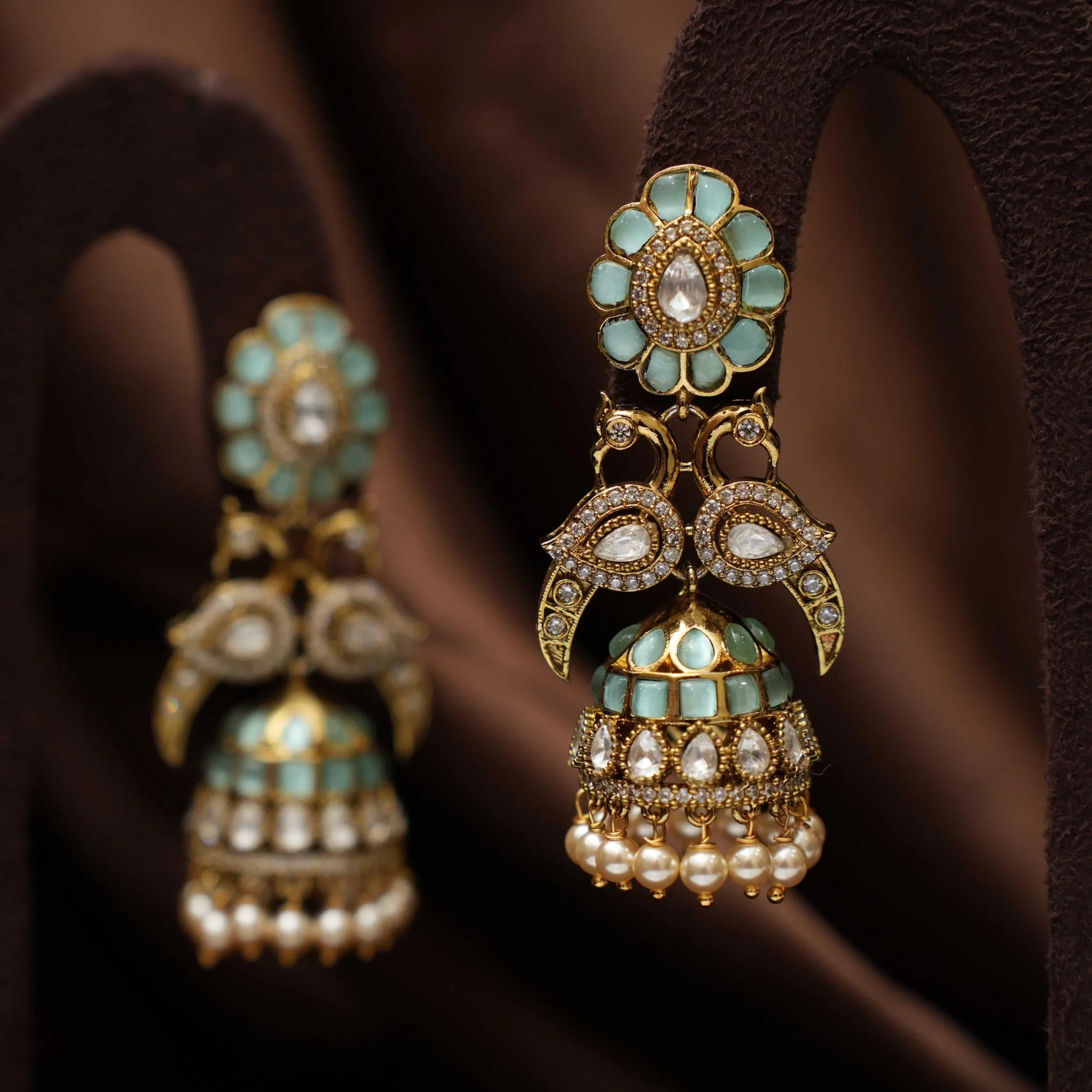 Saveer Polki Jhumka Earrings - Aqua