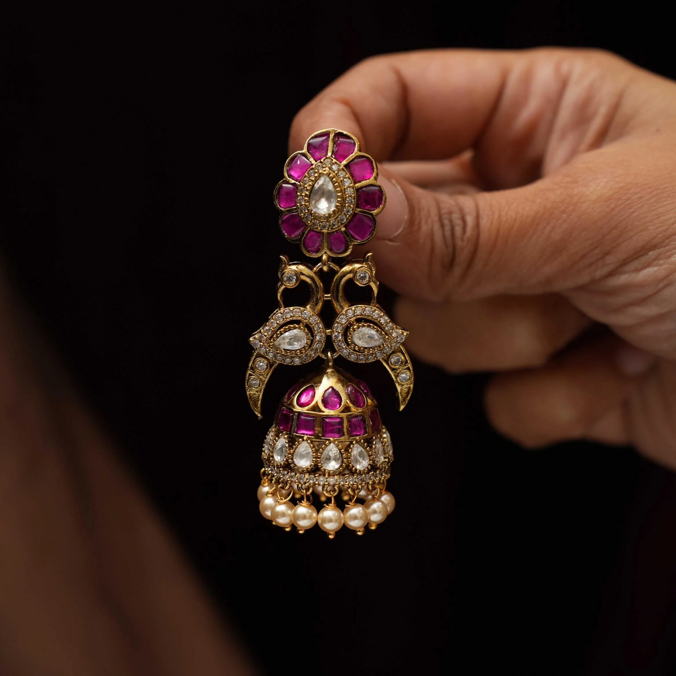 Saveer Polki Jhumka Earrings - Reddish Pink